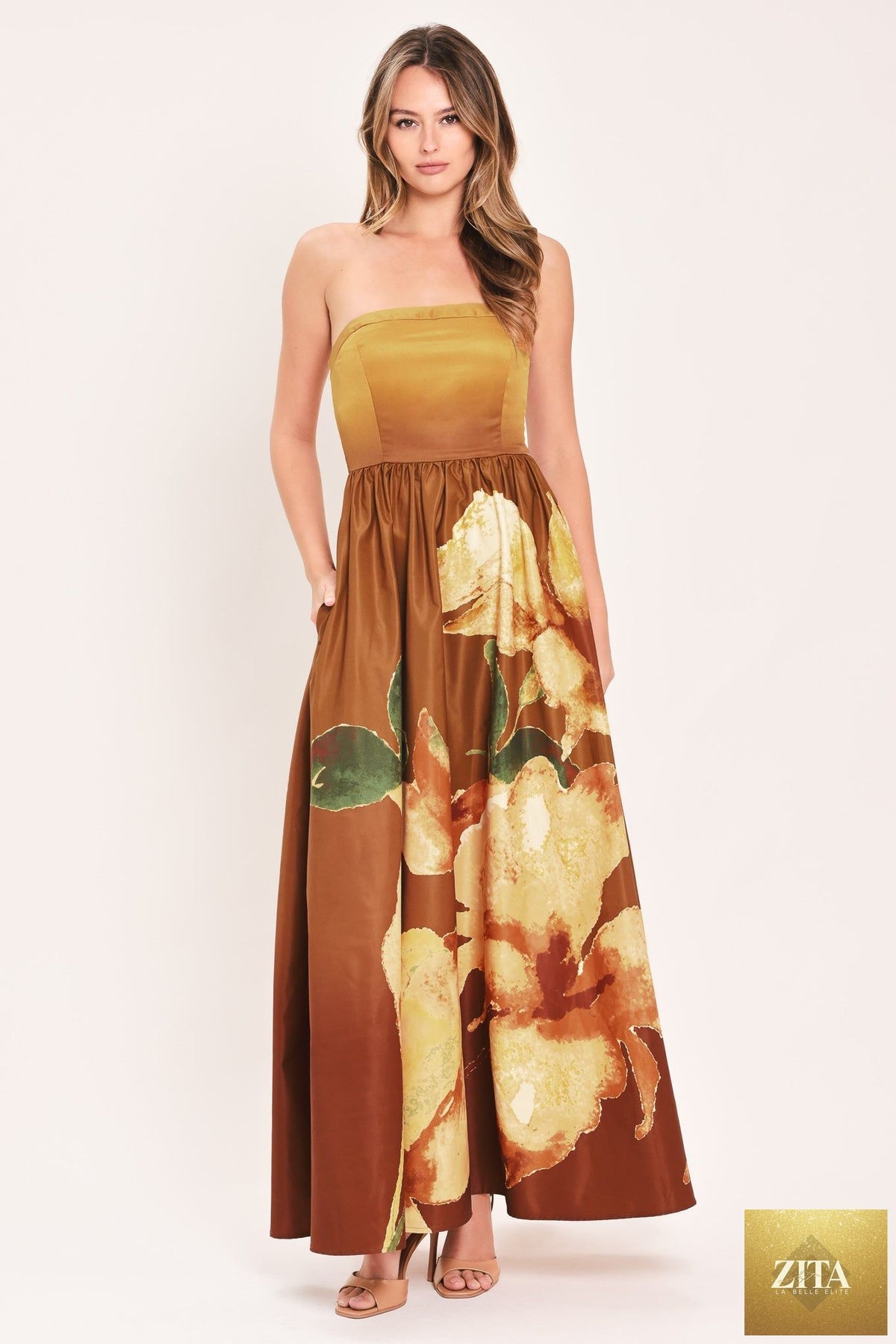 Golden Rose Afterglow woven maxi dress by Flying Tomato, rust-colored fabric with a flowing, elegant design.