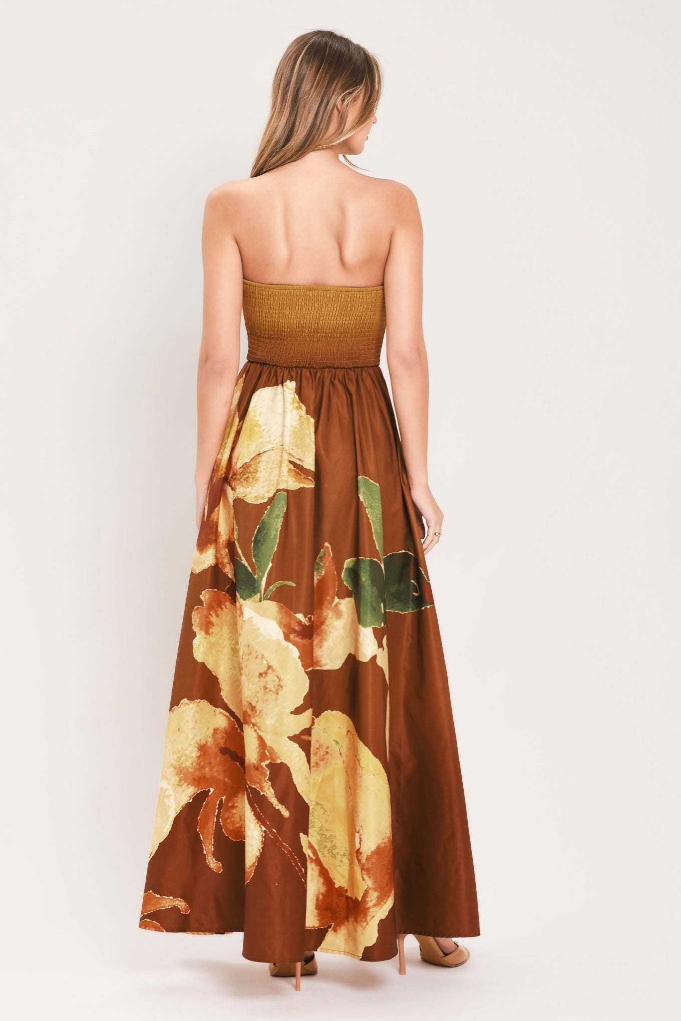 Flying Tomato Golden Rose Afterglow woven maxi dress in rust with flowing fabric and intricate woven pattern.