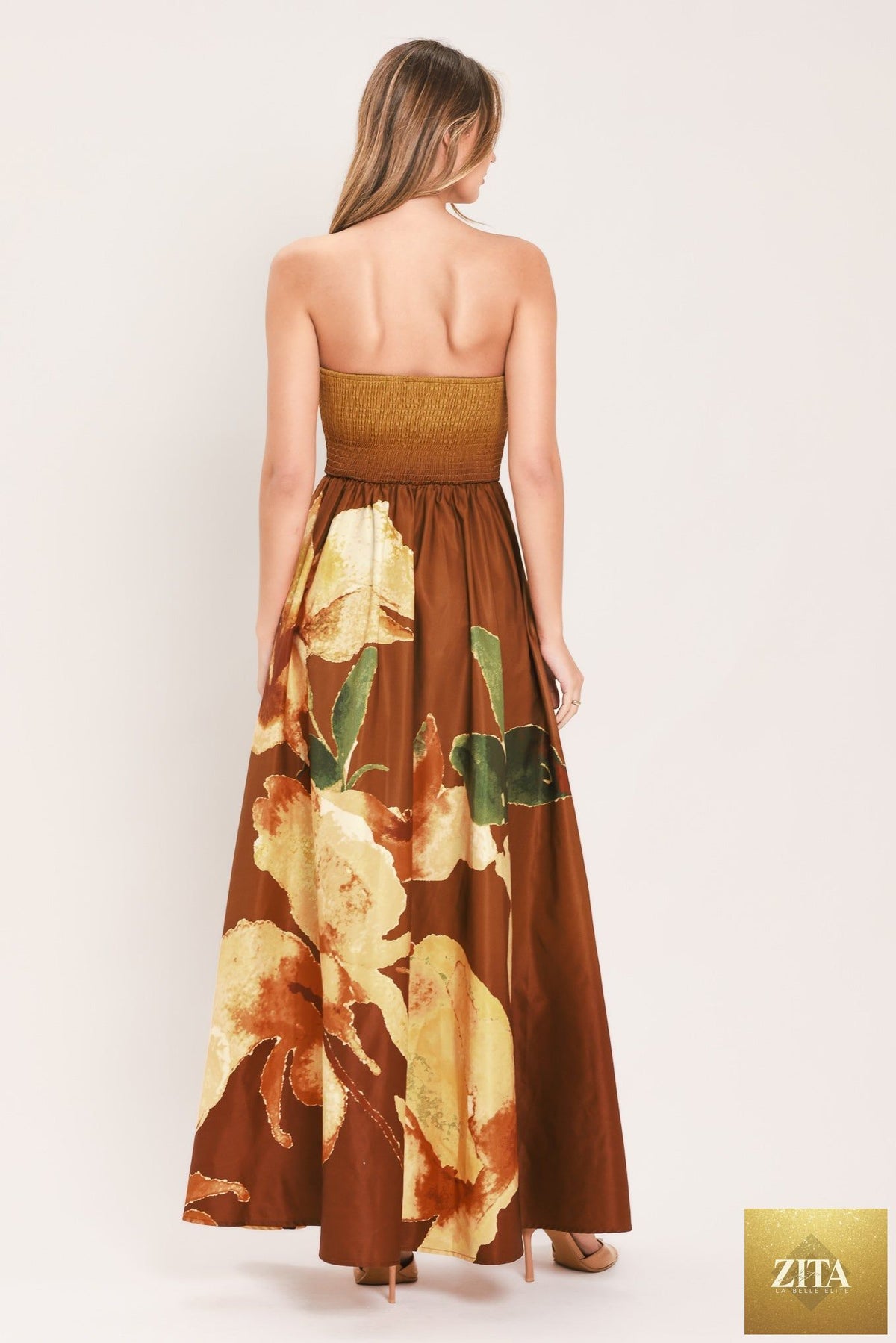 Flying Tomato Golden Rose Afterglow woven maxi dress in rust color, flowing fabric with a relaxed fit and stylish design.