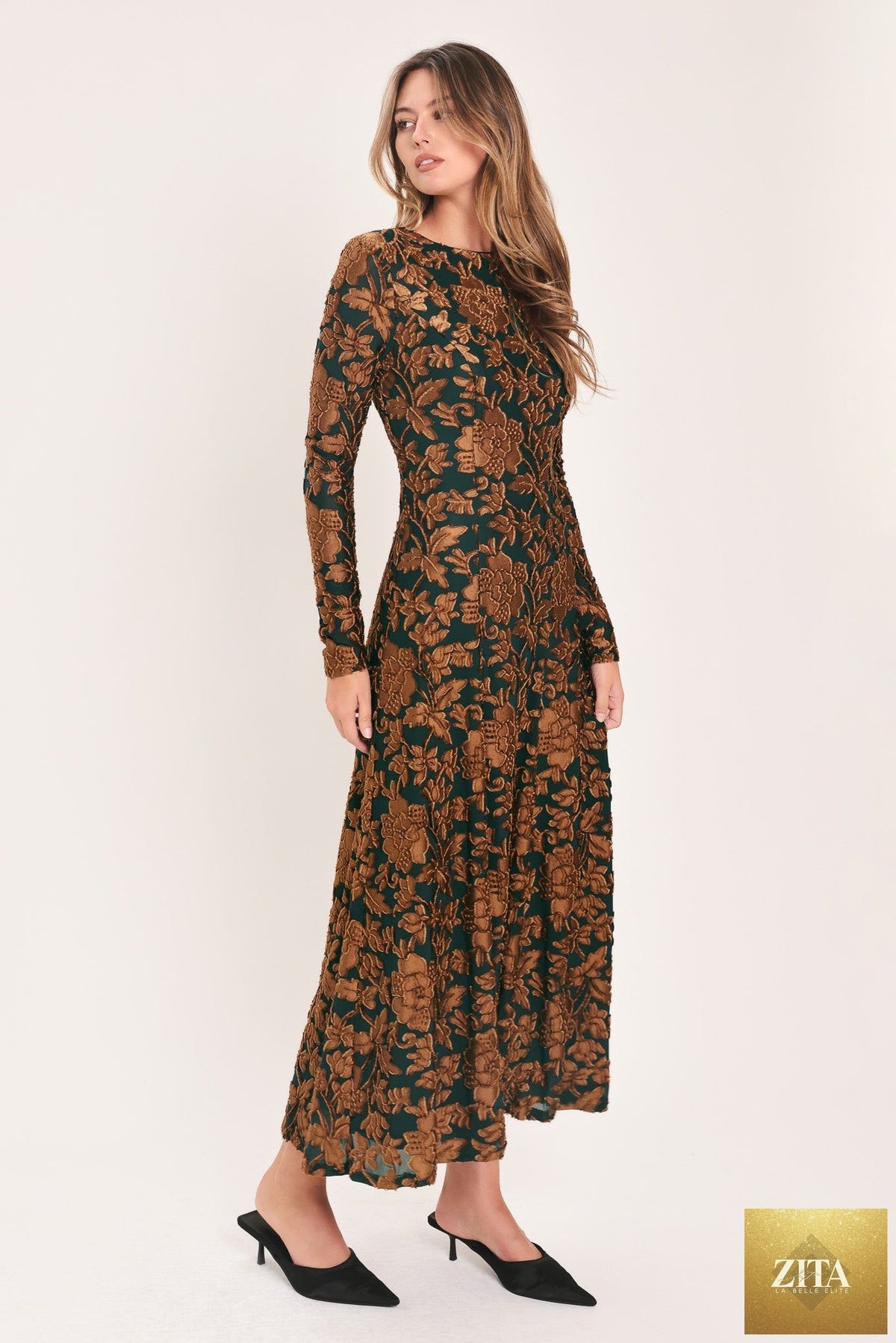 EMERALD ENCHANTMENT KELLY GREEN BURNOUT VELVET MAXI DRESS