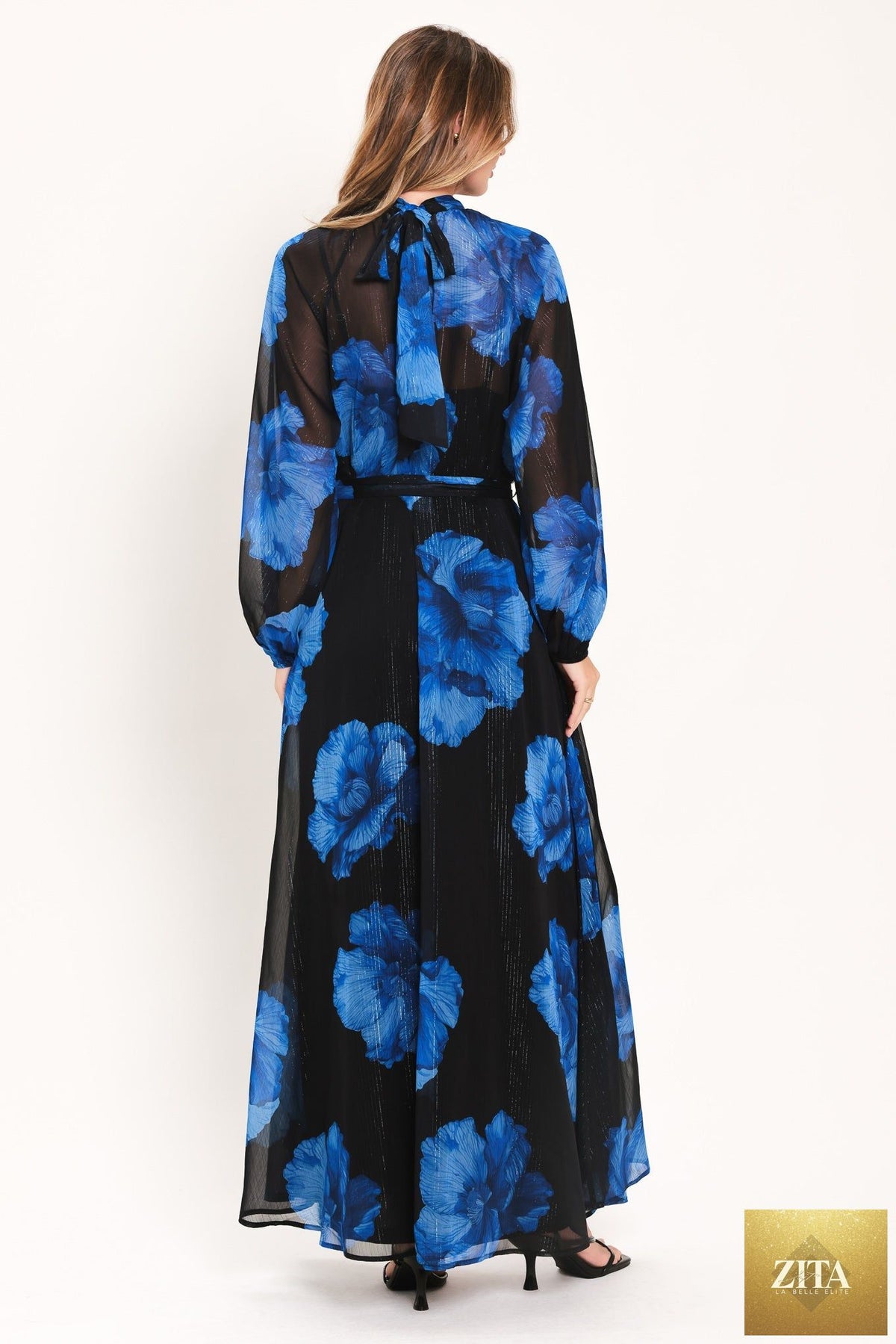 COBALT PETALS IN SHADOW WOVEN MAXI DRESS