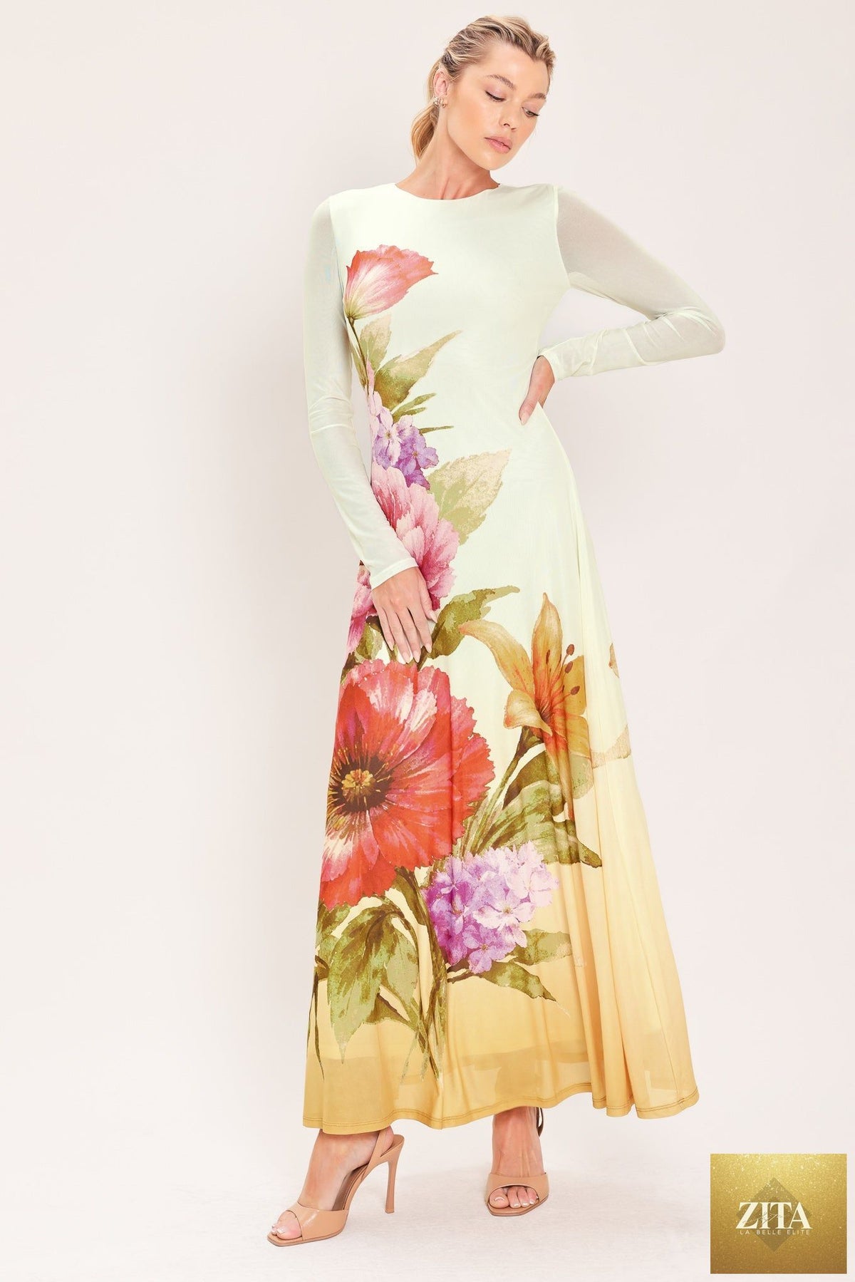 PASTEL BOTANIC SPLENDOR POWER MESH MAXI DRESS