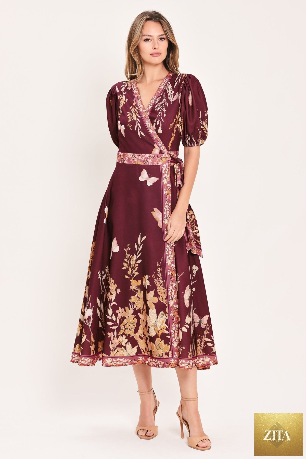 Flying Tomato Plum Garden Enchantment woven midi dress in burgundy and mustard, featuring a flowy, floral-inspired design.