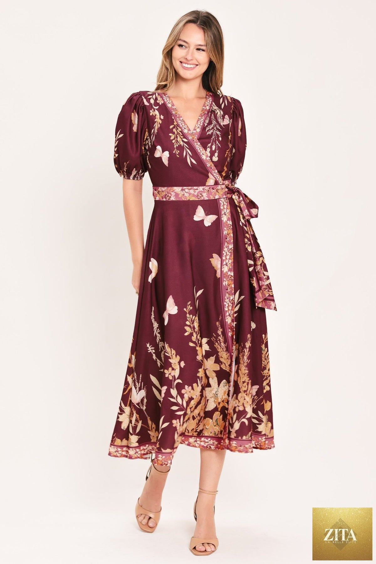Flying Tomato Plum Garden Enchantment woven midi dress in burgundy mustard color, featuring a flowing, elegant design.