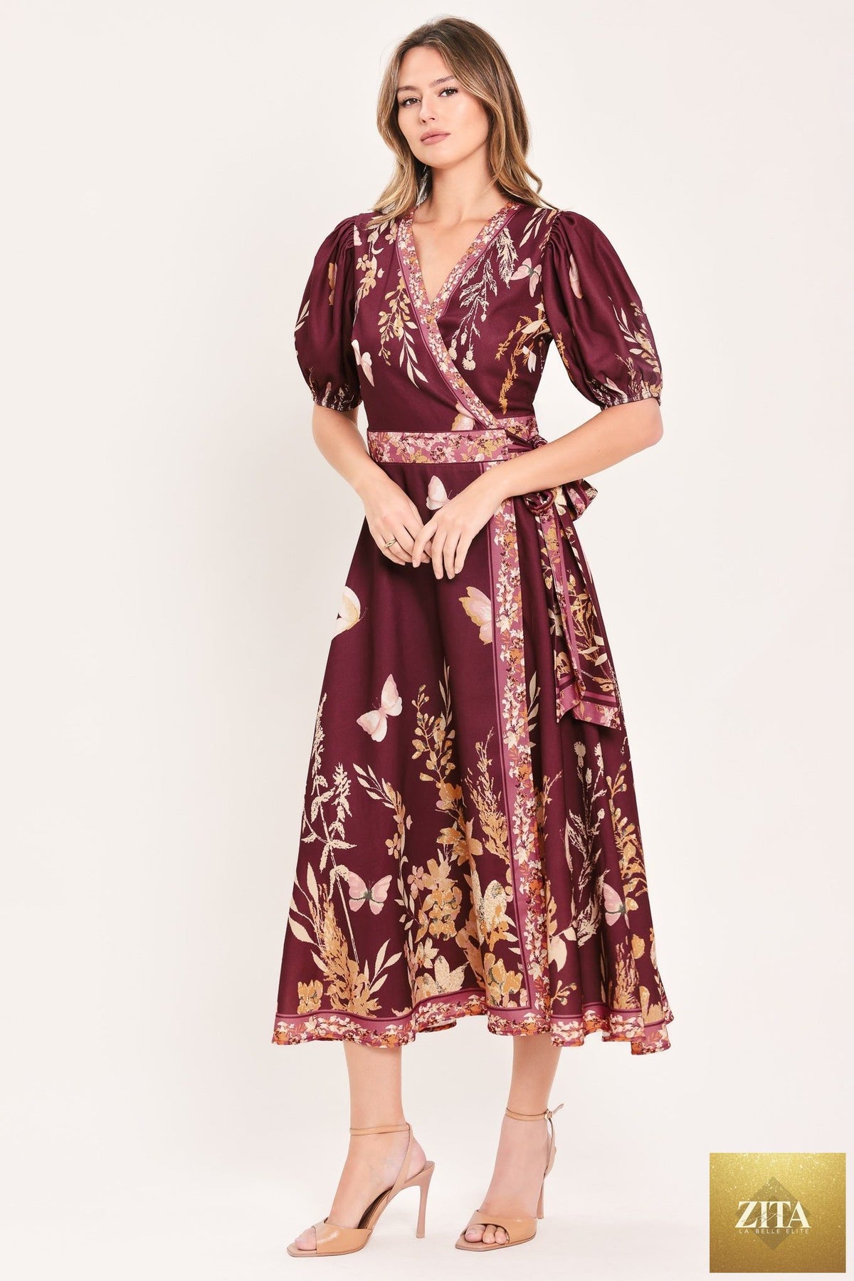 Flying Tomato Plum Garden Enchantment woven midi dress in burgundy mustard with floral pattern and relaxed fit.