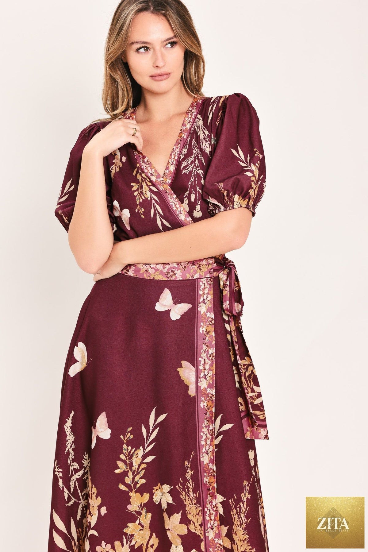 Flying Tomato Plum Garden Enchantment woven midi dress in burgundy mustard with floral pattern and flowing fabric.