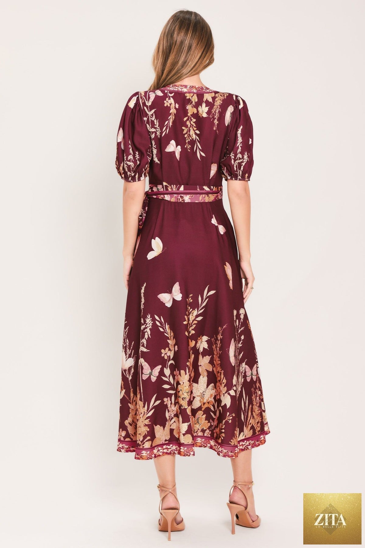 Flying Tomato Plum Garden Enchantment woven midi dress in burgundy mustard, featuring intricate woven fabric and a flowing silhouette.