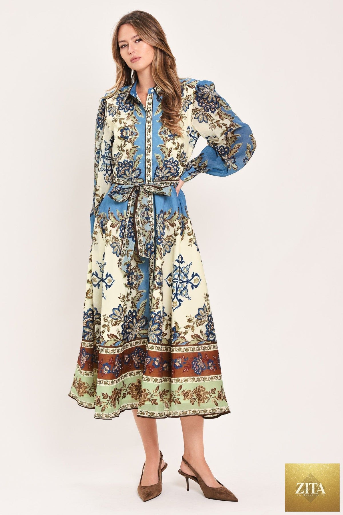 Flying Tomato Skyborne Ornamental Grace woven midi shirt dress in ivory, featuring intricate patterns and a relaxed fit.