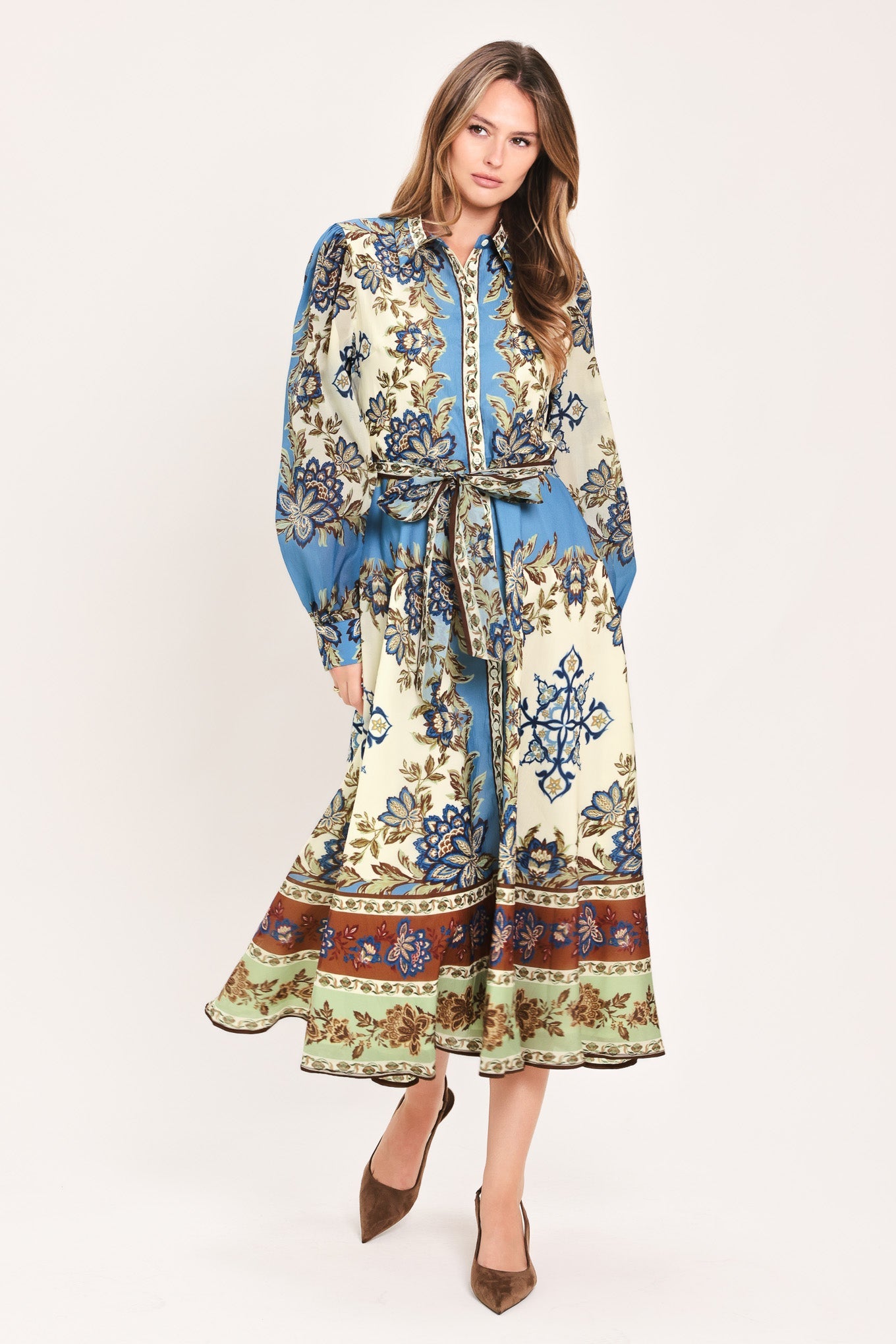 Flying Tomato Skyborne Ornamental Grace woven midi shirt dress in ivory, featuring a relaxed fit and decorative details.