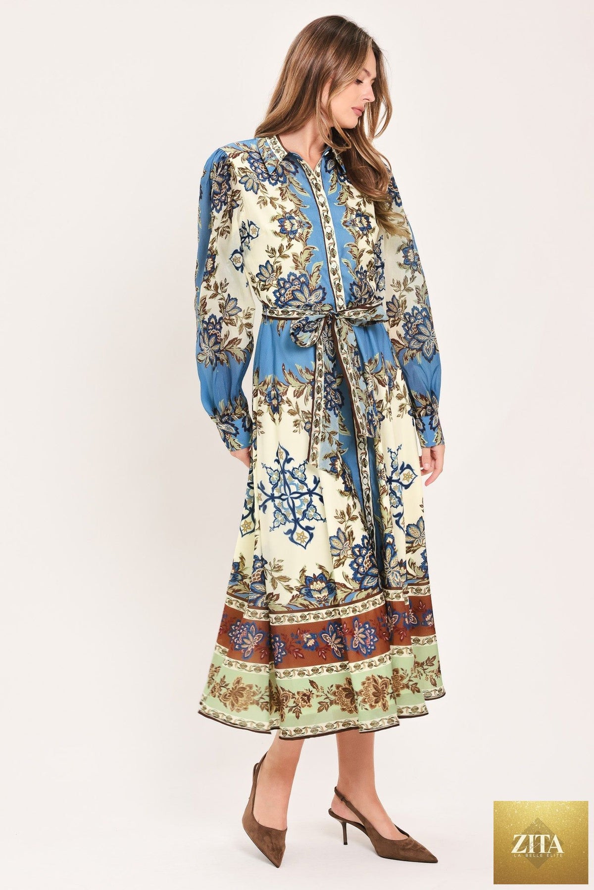 Flying Tomato Skyborne Ornamental Grace woven midi shirt dress in ivory featuring a relaxed fit and decorative woven details.