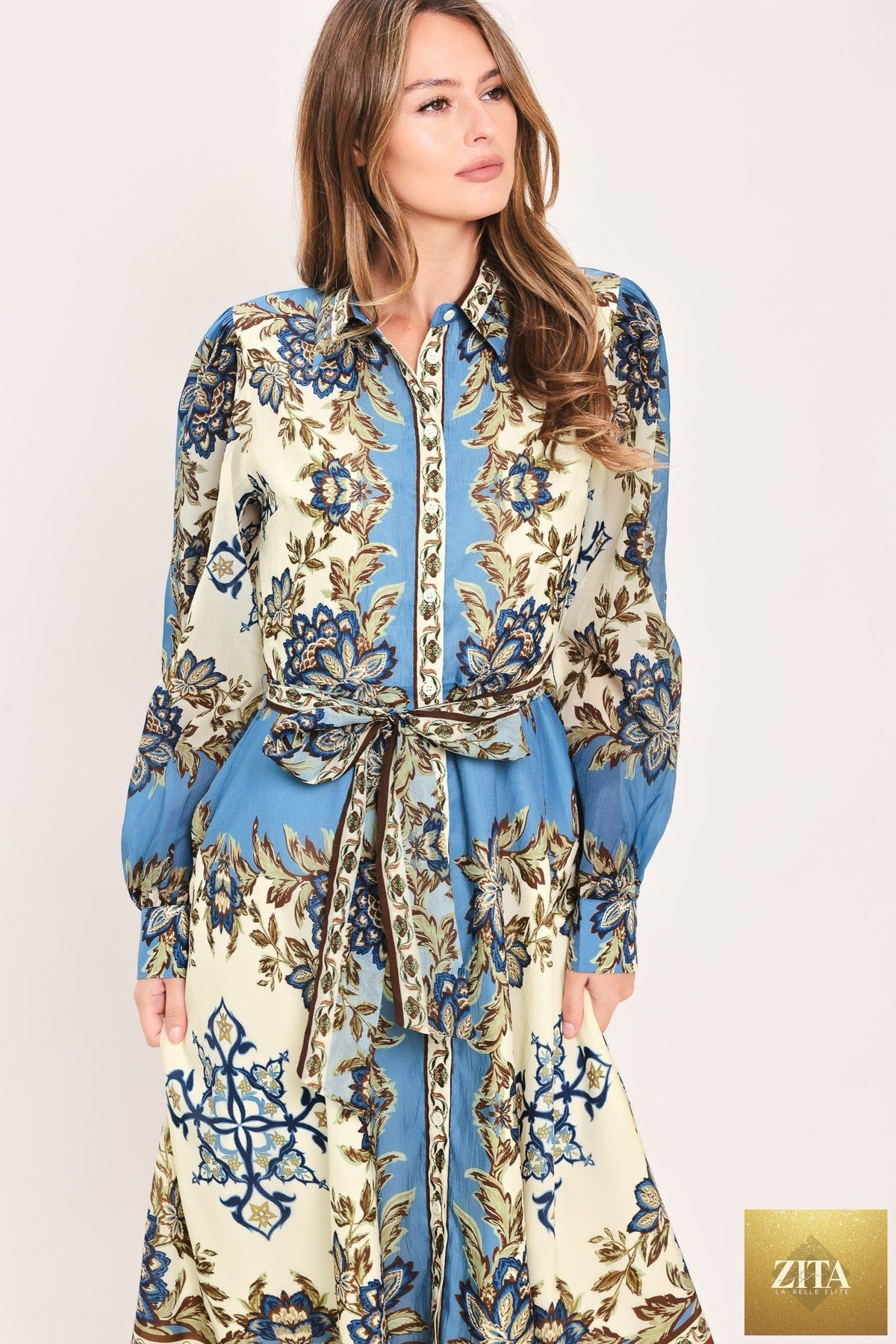 Flying Tomato Skyborne Ornamental Grace woven midi shirt dress in ivory, featuring intricate patterns and a relaxed fit.