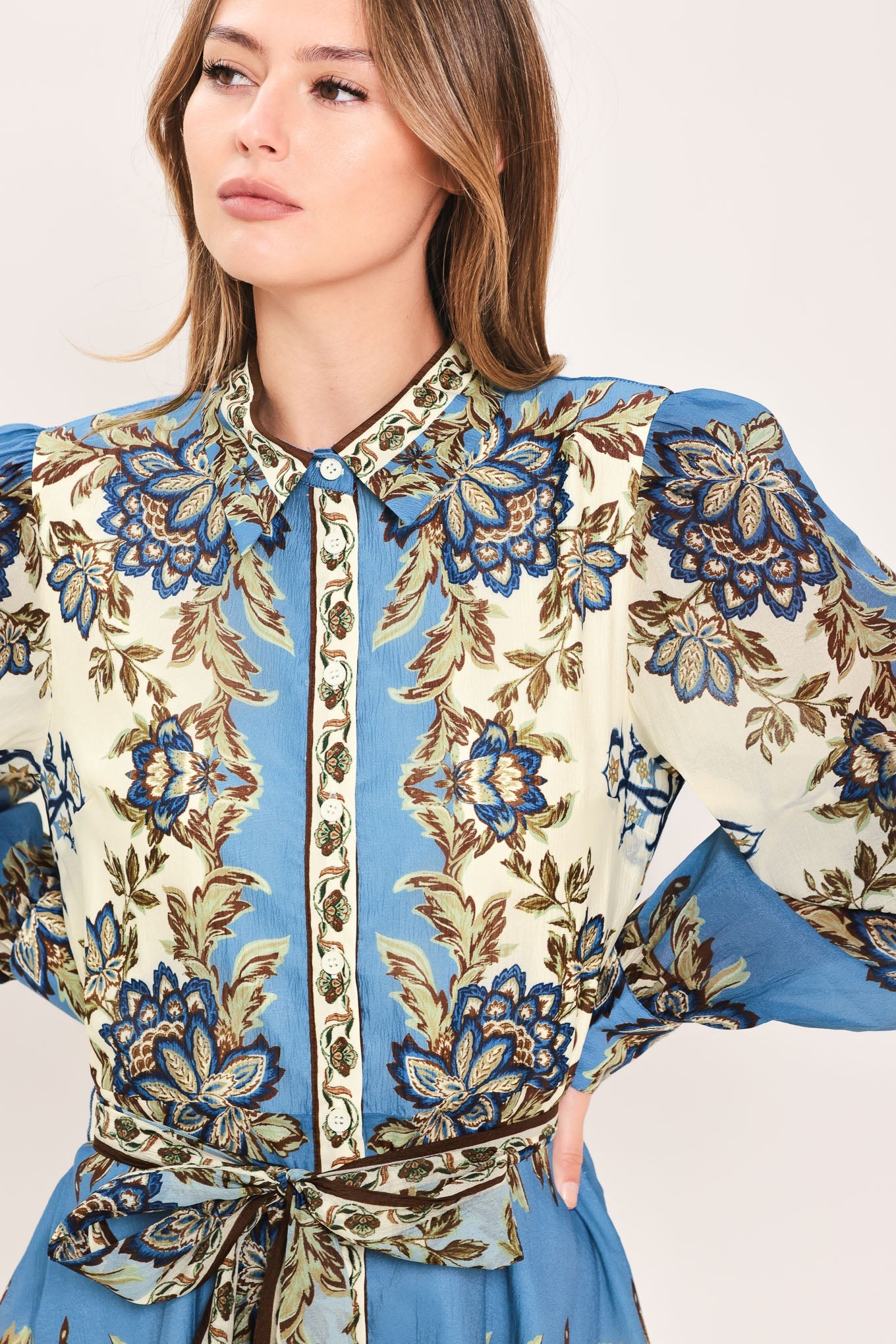 Flying Tomato Skyborne Ornamental Grace woven midi shirt dress in ivory with intricate patterns and a relaxed fit.