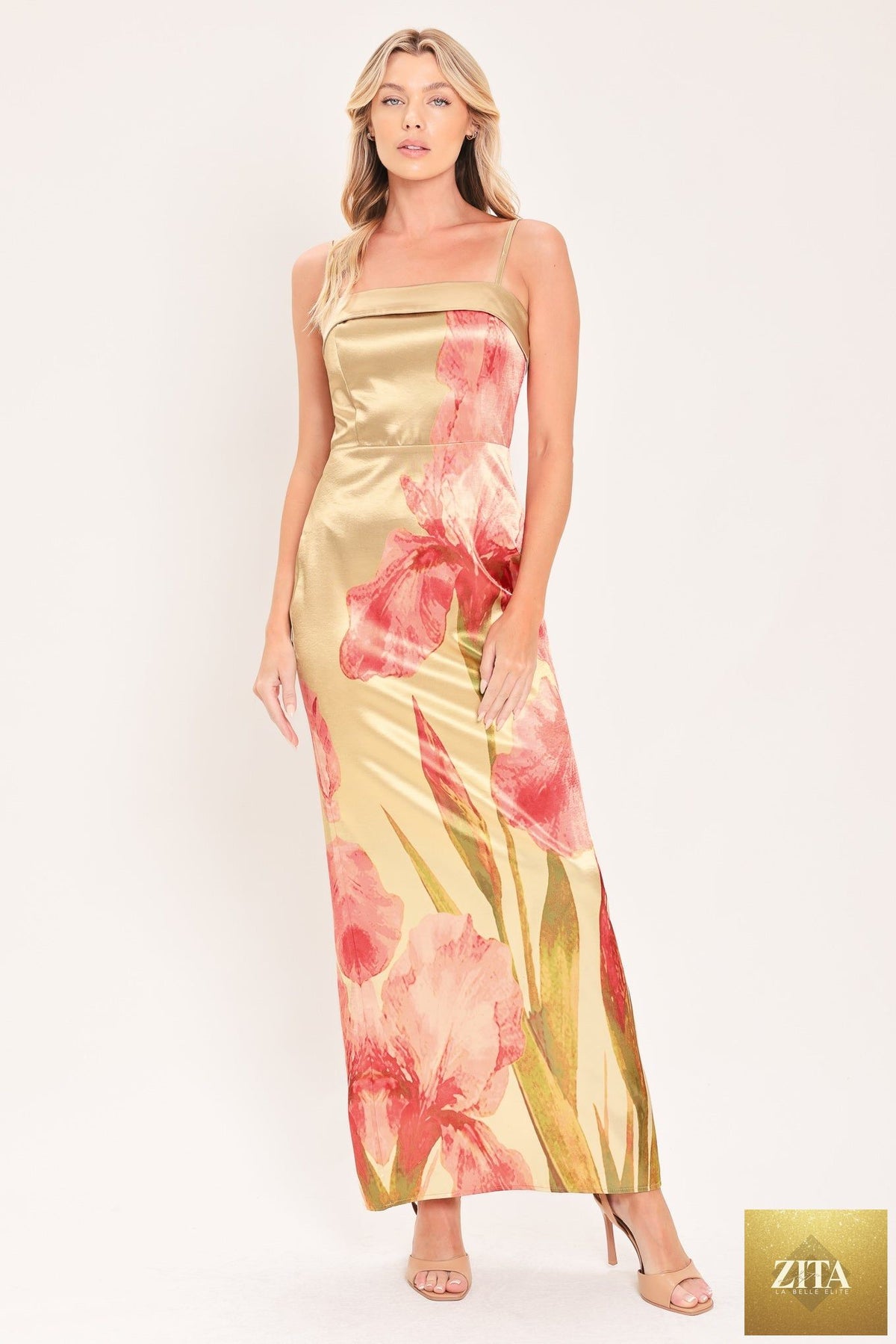 ROSÉ GARDEN GLEAM WOVEN COLUMN MAXI DRESS