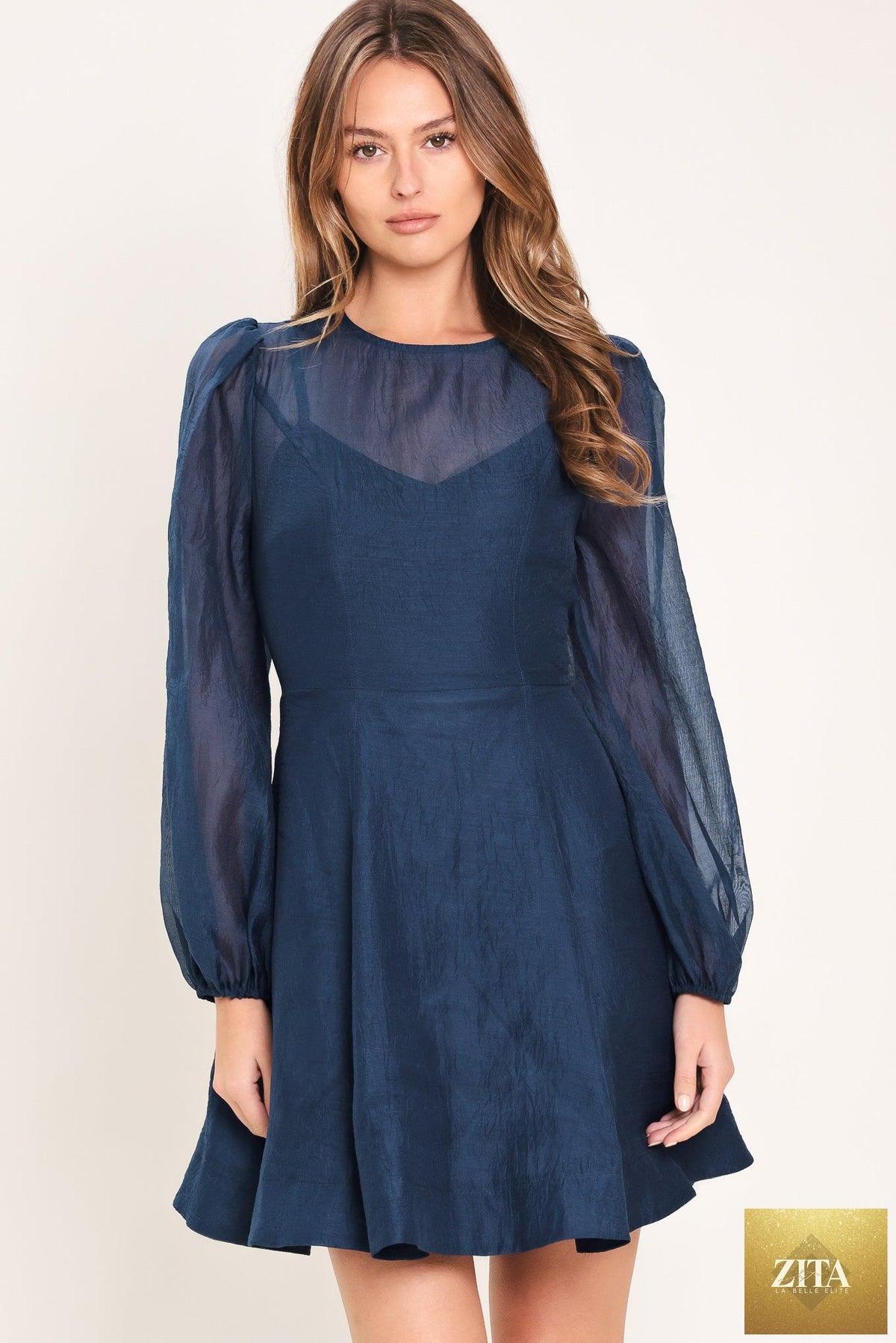 Navy Twilight Charm woven mini dress by Flying Tomato, featuring a stylish sleeveless design and intricate woven fabric.