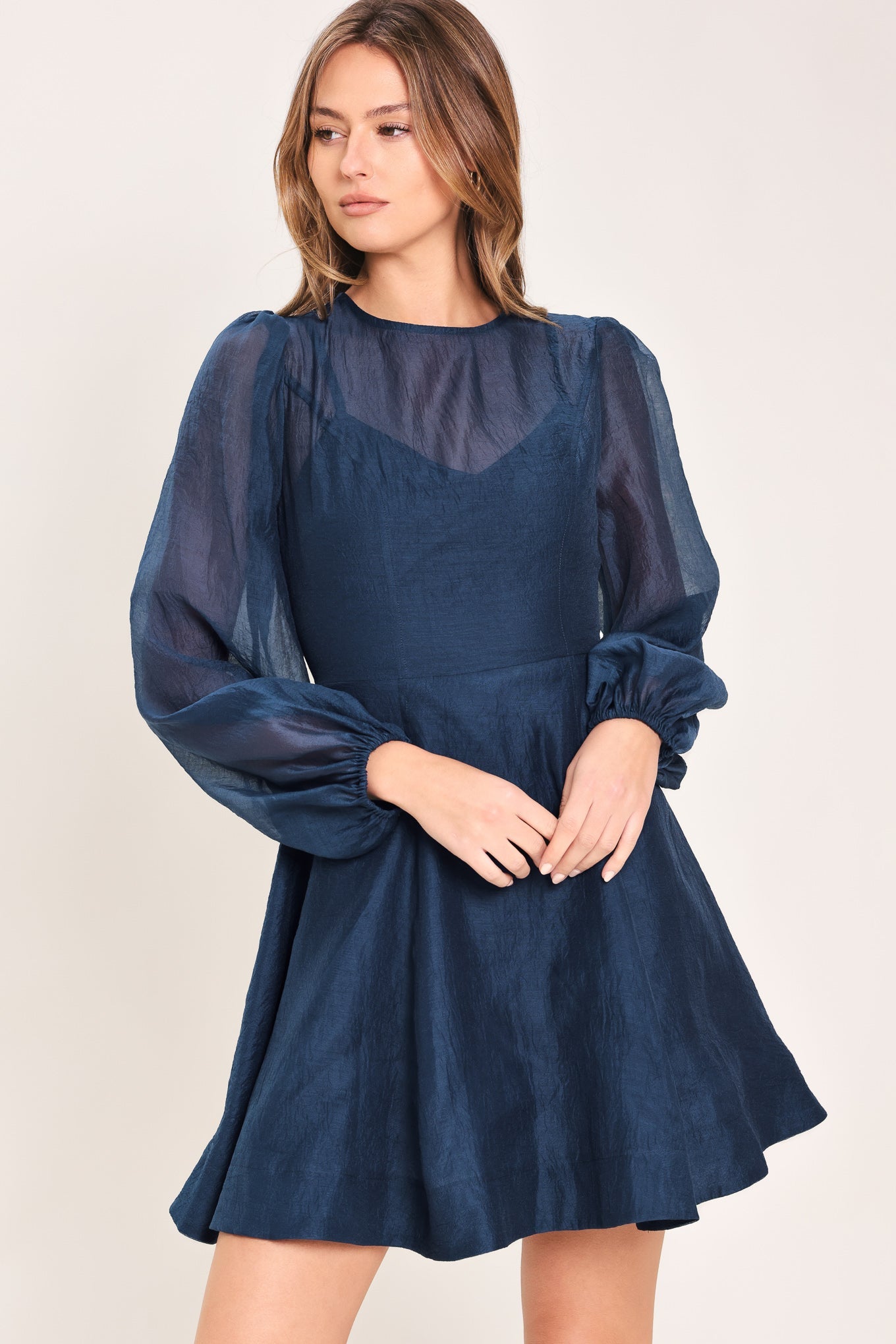 Navy Twilight Charm woven mini dress by Flying Tomato, featuring a stylish, lightweight fabric and a flattering fit.
