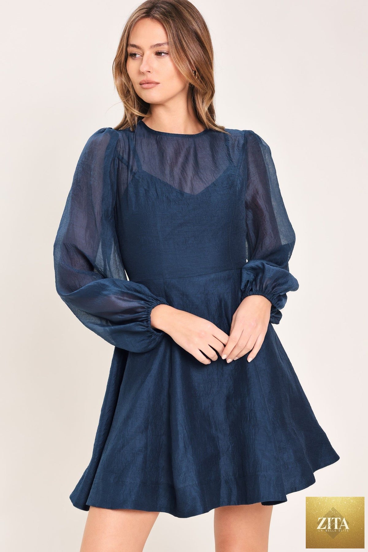 Navy Twilight Charm woven mini dress by Flying Tomato featuring a stylish, lightweight fabric and a flattering fit.