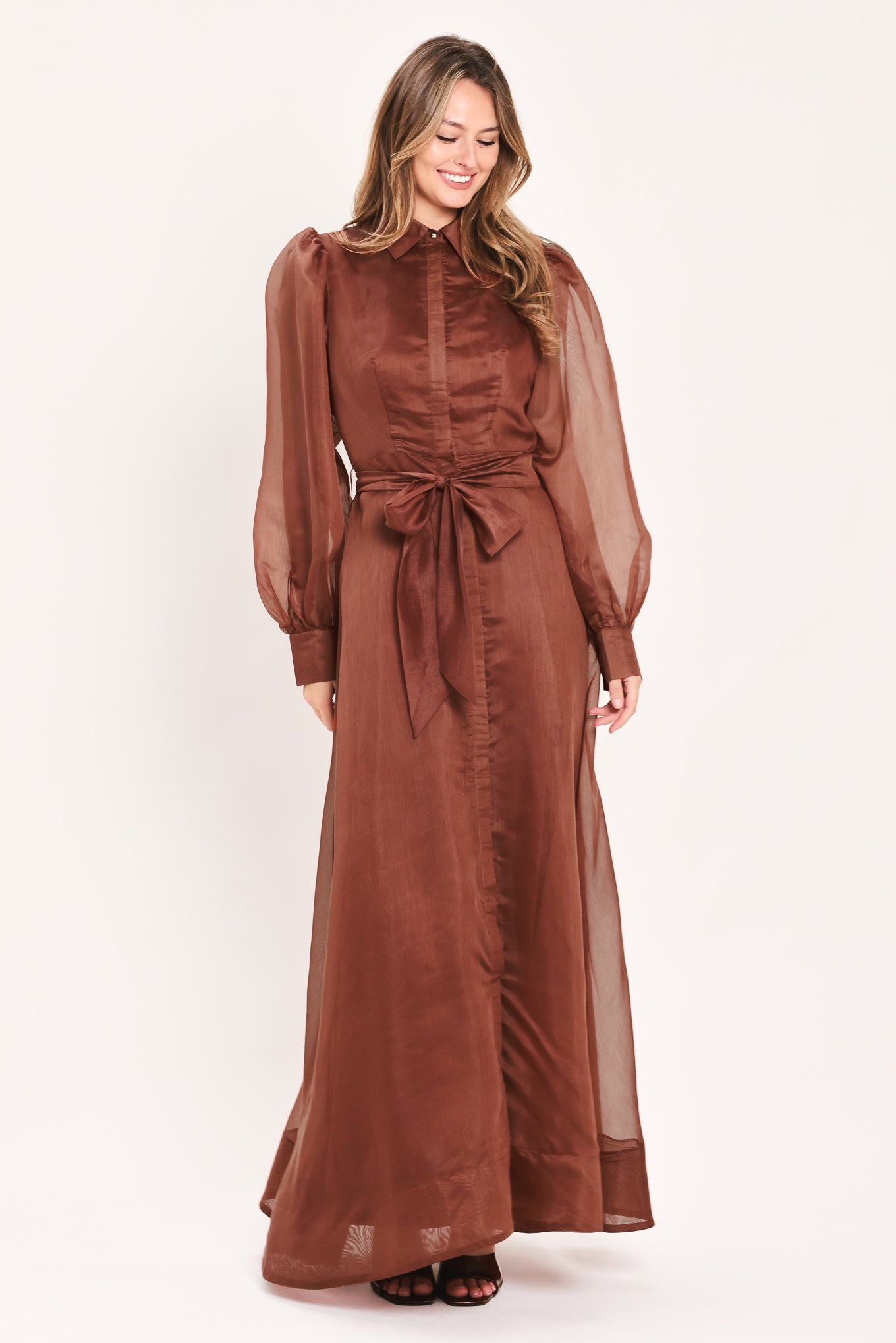 Flying Tomato Cedarlight Embrace woven organza maxi dress in brown, flowing fabric with intricate detailing and elegant design.
