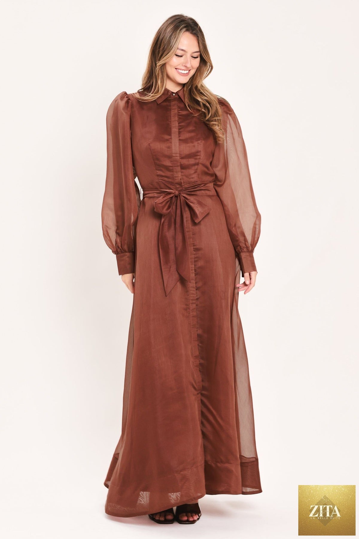 Flying Tomato Cedarlight Embrace woven organza maxi dress in brown, flowing dress with delicate fabric and elegant design.