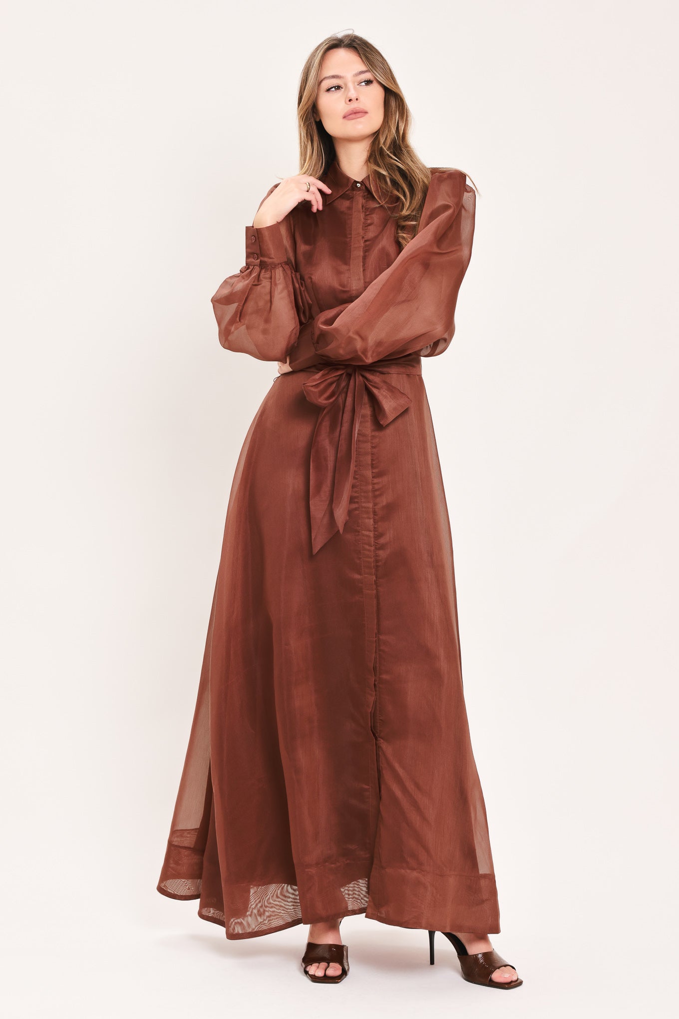 Flying Tomato Cedarlight Embrace woven organza maxi dress in brown with flowing fabric and elegant design for special occasions.