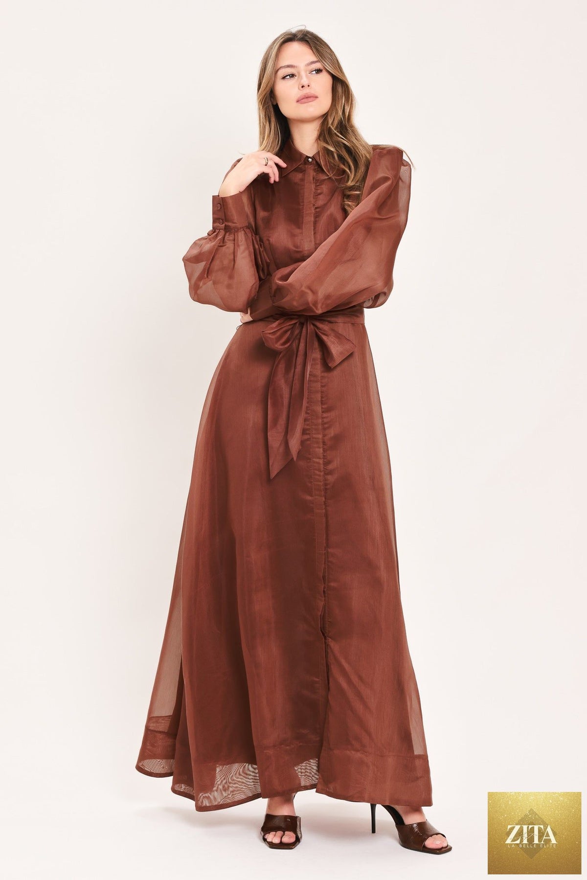 Flying Tomato Cedarlight Embrace woven organza maxi dress in brown, flowing sleeveless dress with elegant textured fabric.