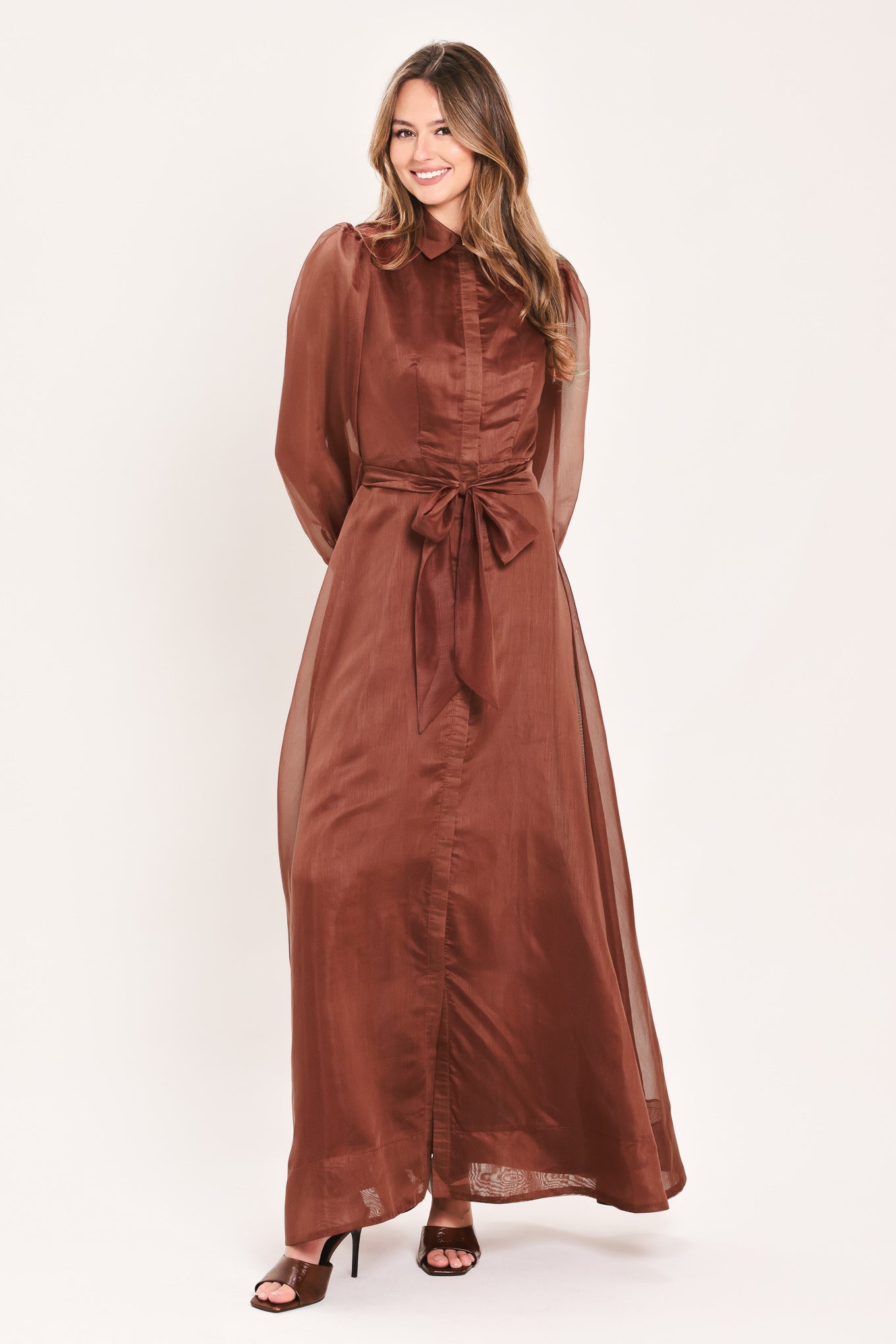 Brown Cedarlight Embrace Woven Organza Maxi Dress by Flying Tomato, flowing fabric with intricate woven details and elegant design.
