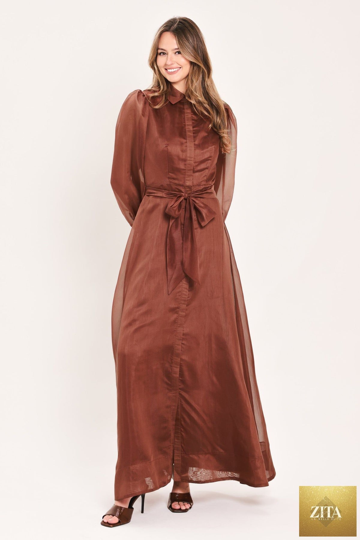 Flying Tomato Cedarlight Embrace woven organza maxi dress in brown, featuring flowing fabric and elegant design.