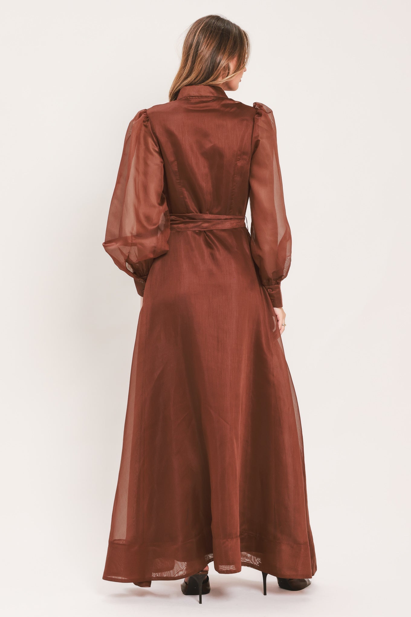Flying Tomato Cedarlight Embrace woven organza maxi dress in brown, flowing fabric with elegant design and detailed craftsmanship.