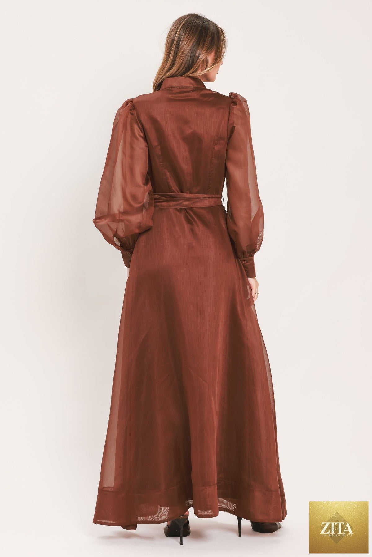 Flying Tomato Cedarlight Embrace woven organza maxi dress in brown, featuring flowing fabric and elegant design.