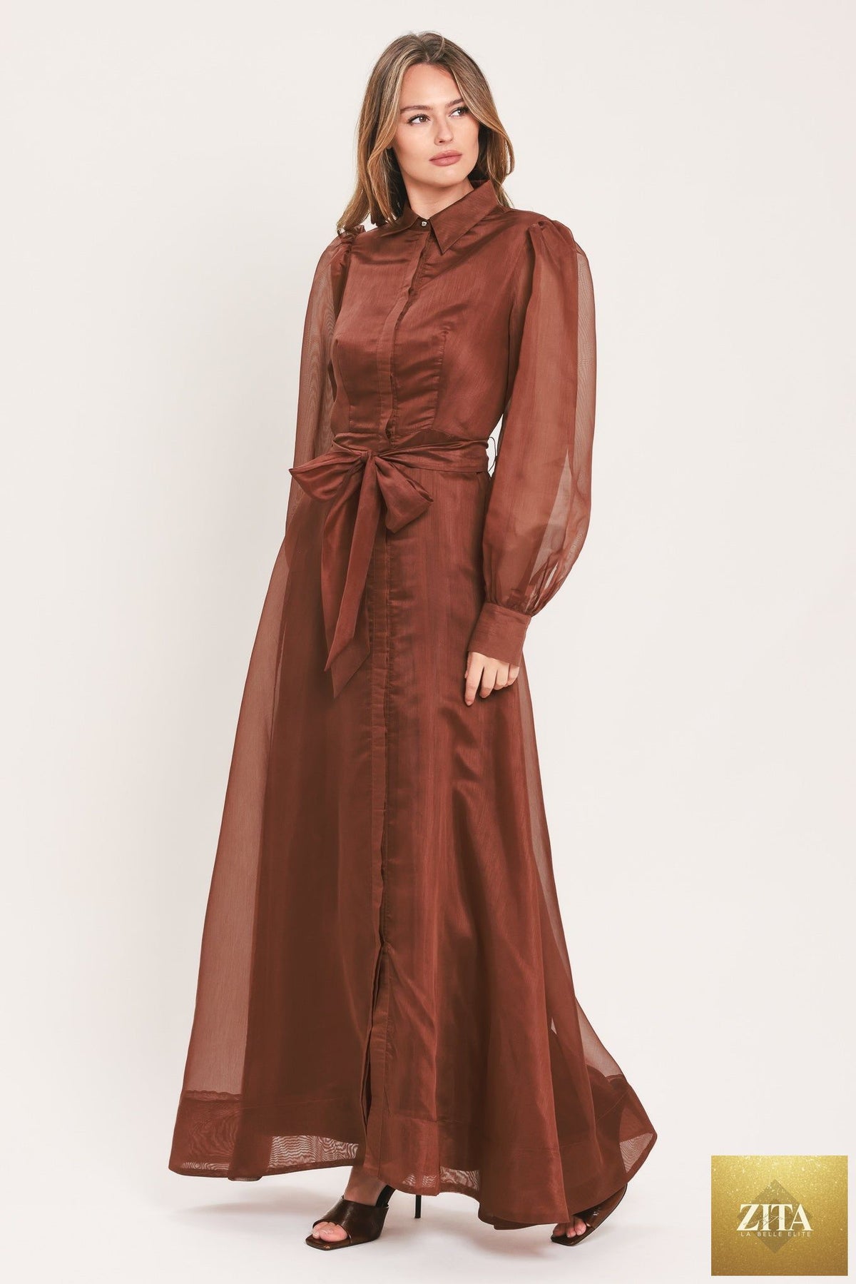 Flying Tomato Cedarlight Embrace woven organza maxi dress in brown, flowing fabric with intricate woven details and elegant design.