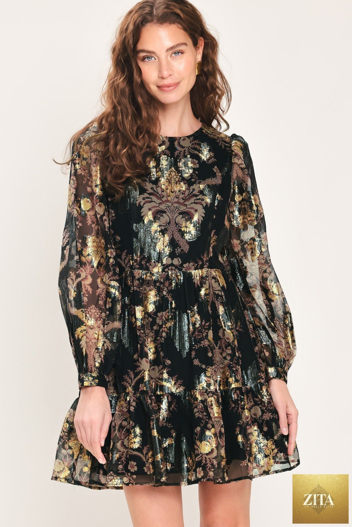 MIDNIGHT FLIRT BLACK PRINTED RUFFLE-HEM MINI DRESS