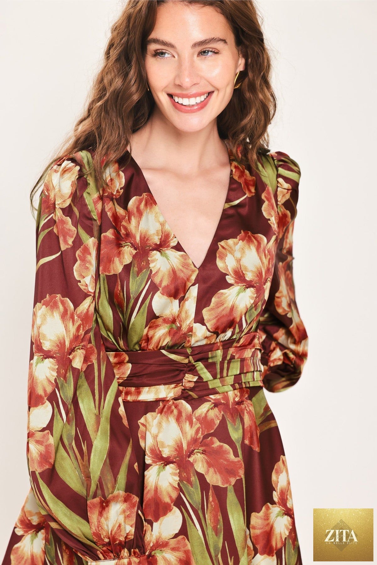 BURGUNDY CRUSH PRINTED RUCHED-WAIST TIERED MINI DRESS