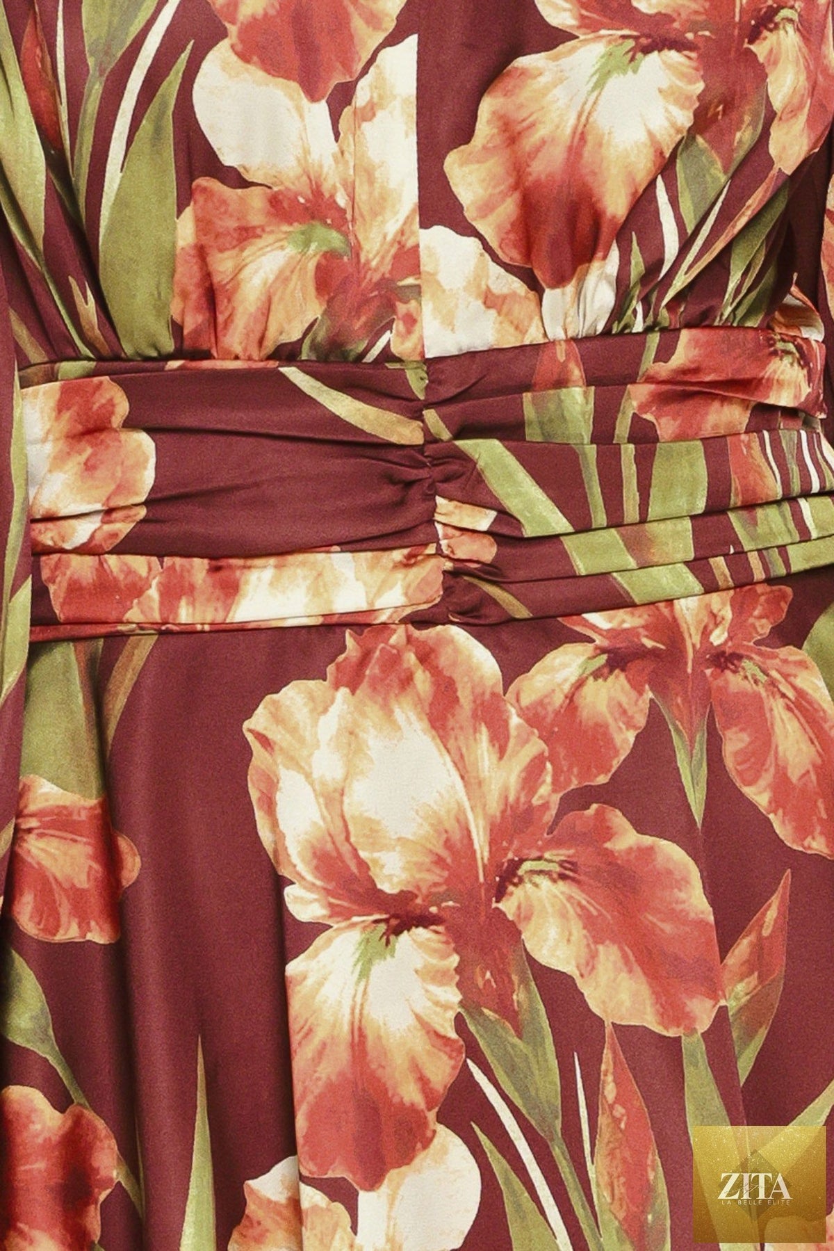 BURGUNDY CRUSH PRINTED RUCHED-WAIST TIERED MINI DRESS