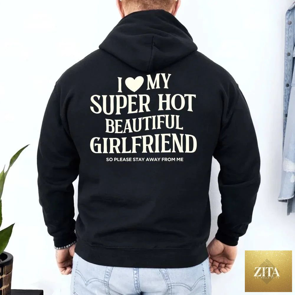 Red hoodie with "I Love My Super Hot Beautiful Girlfriend" text, featuring a casual fit and stylish design from Adorb Custom Tees.