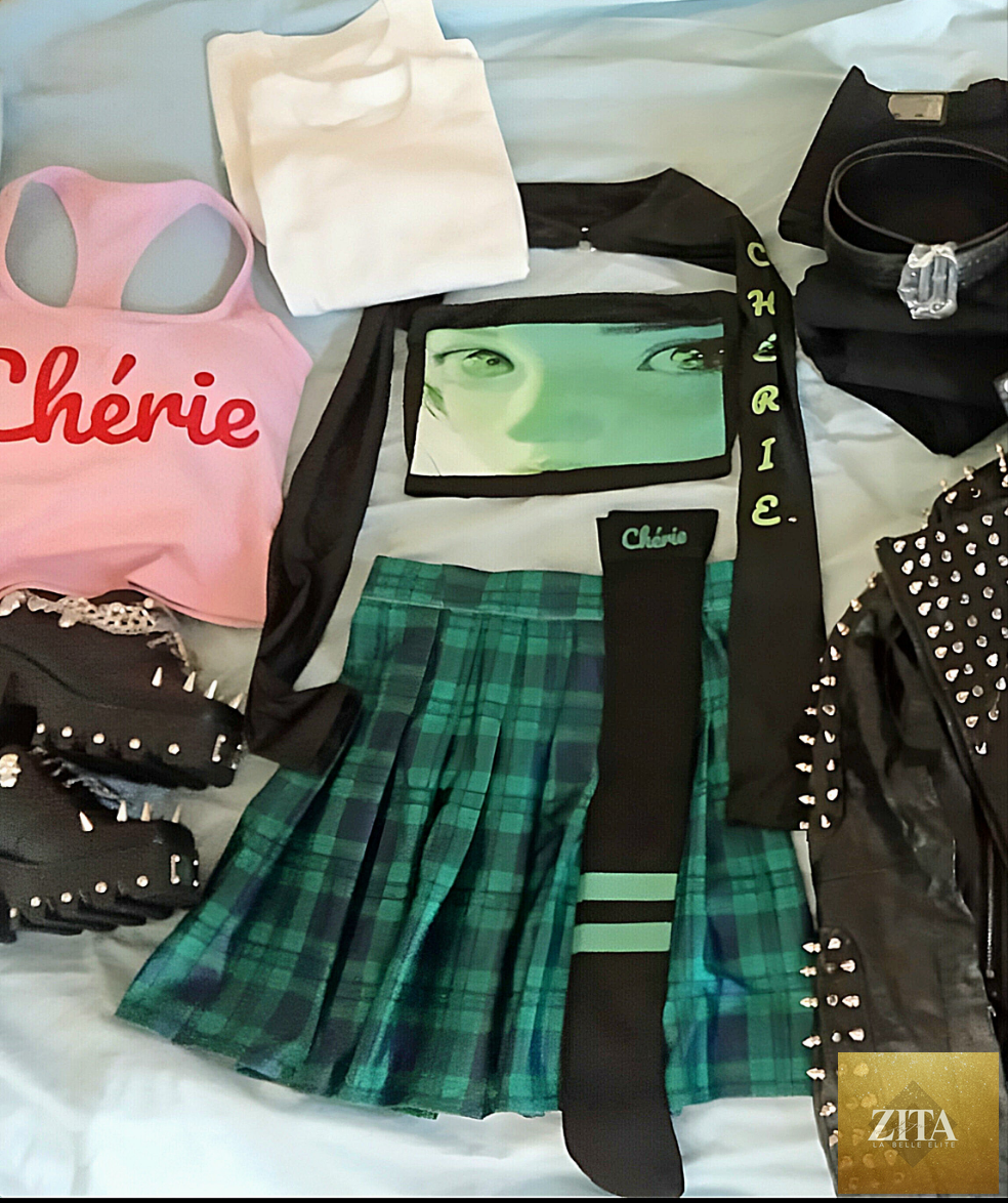 Black and green top and skirt set by Zita La Belle Elite, featuring a stylish coordinated outfit with a fitted top and matching skirt.