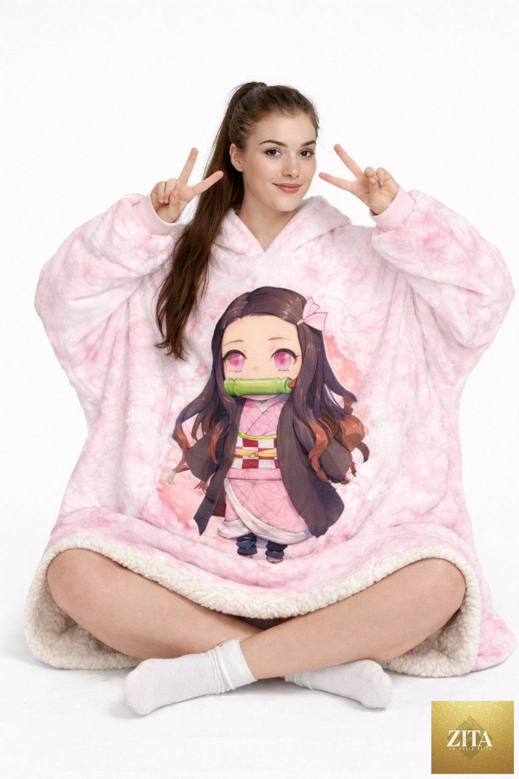 Nezuko Kamado Demon Slayer blanket hoodie by Olm Collectibles, featuring vibrant anime character design for kids and adults.