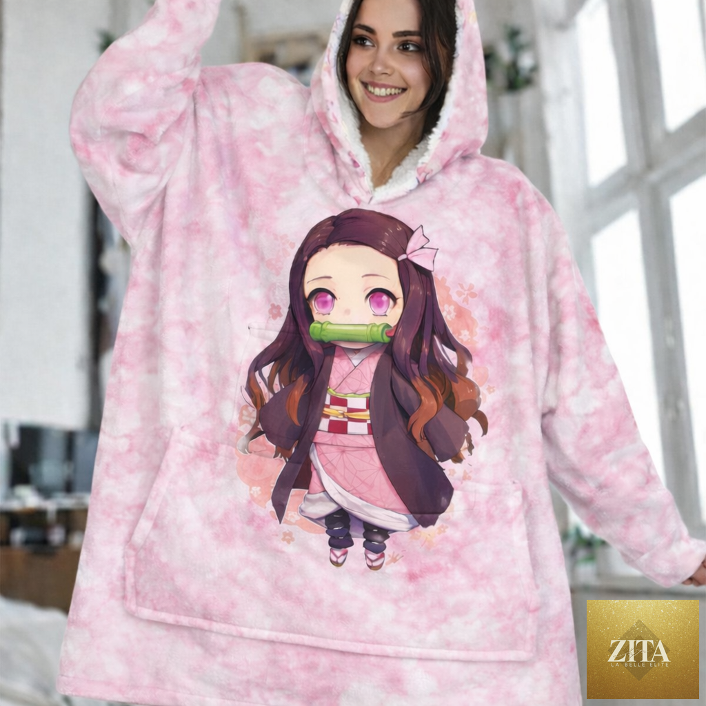 Olm Collectibles Nezuko Kamado Demon Slayer blanket hoodie for kids and adults, featuring detailed character design and cozy fabric.