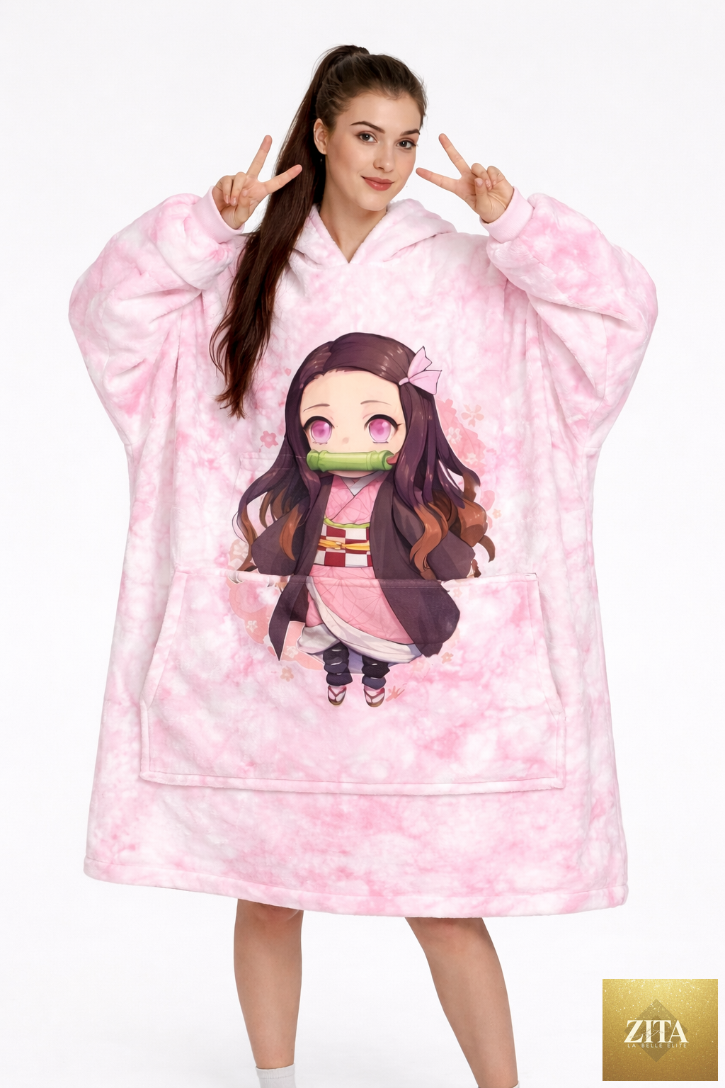 Olm Collectibles Nezuko Kamado Demon Slayer wearable blanket hoodie for kids and adults, featuring detailed character design.