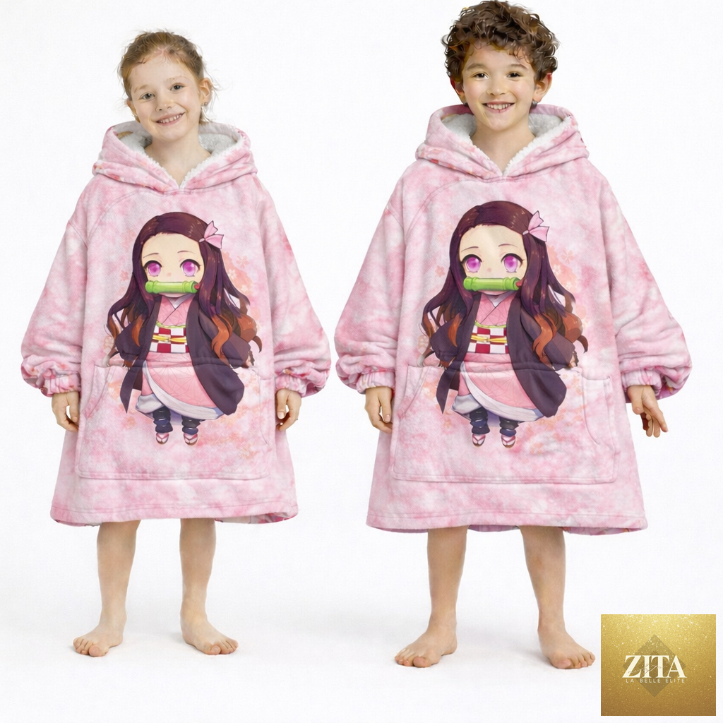 Nezuko Kamado Demon Slayer blanket hoodie by Olm Collectibles, featuring colorful character design, cozy wearable blanket for kids and adults.