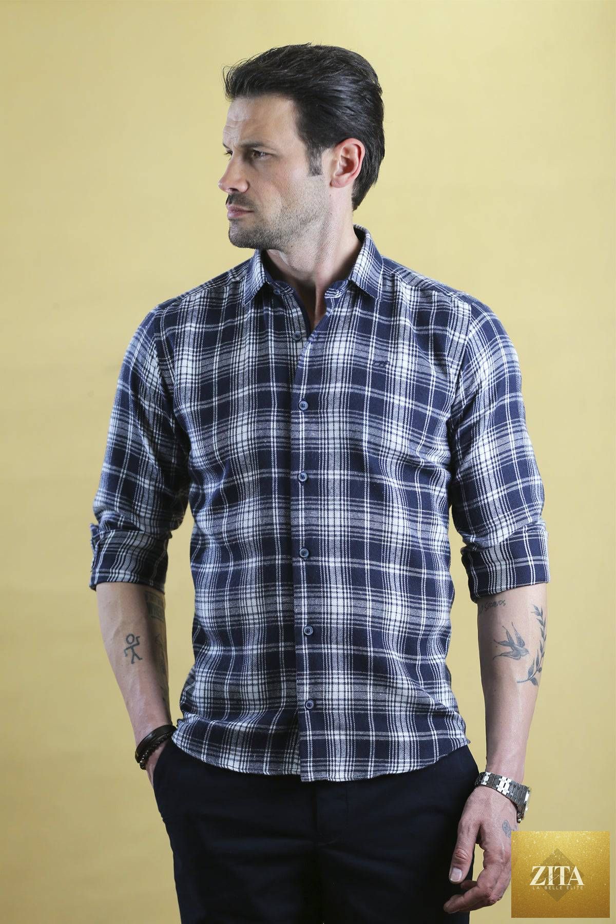 Bright Moons The Woodsman Shirt in navy plaid, casual men's shirt with a button-up style and classic plaid pattern.