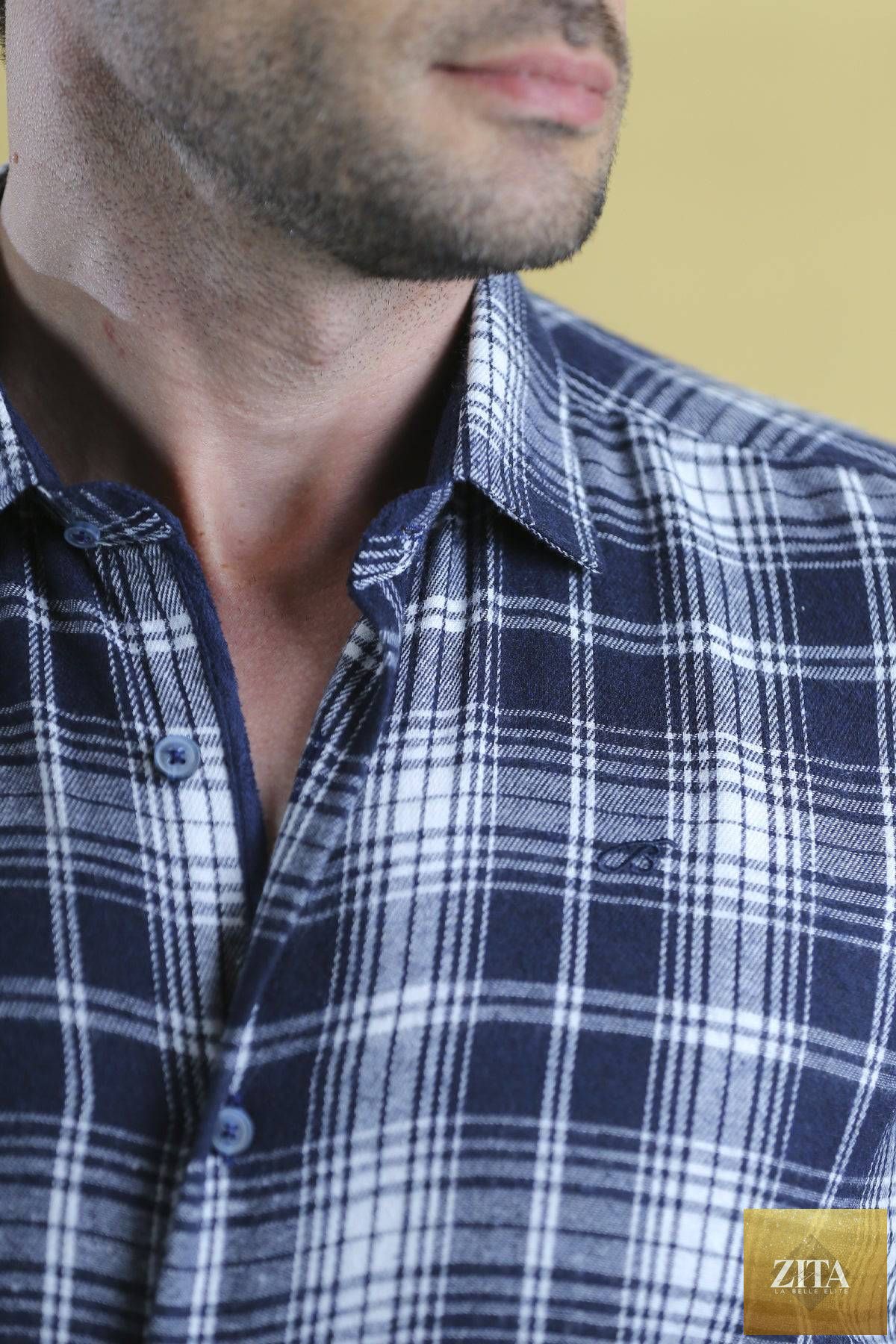 Bright Moons The Woodsman Shirt in navy plaid, casual men's shirt with a classic plaid pattern and button-up style.