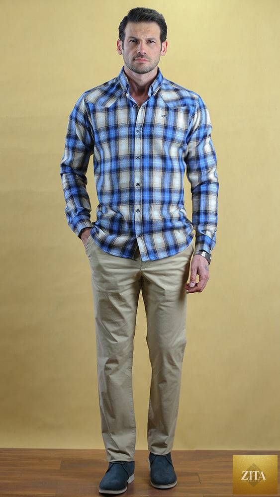 Bright Moons Woodsman Shirt displayed on a hanger, showcasing its rugged fabric and casual outdoor-inspired style.