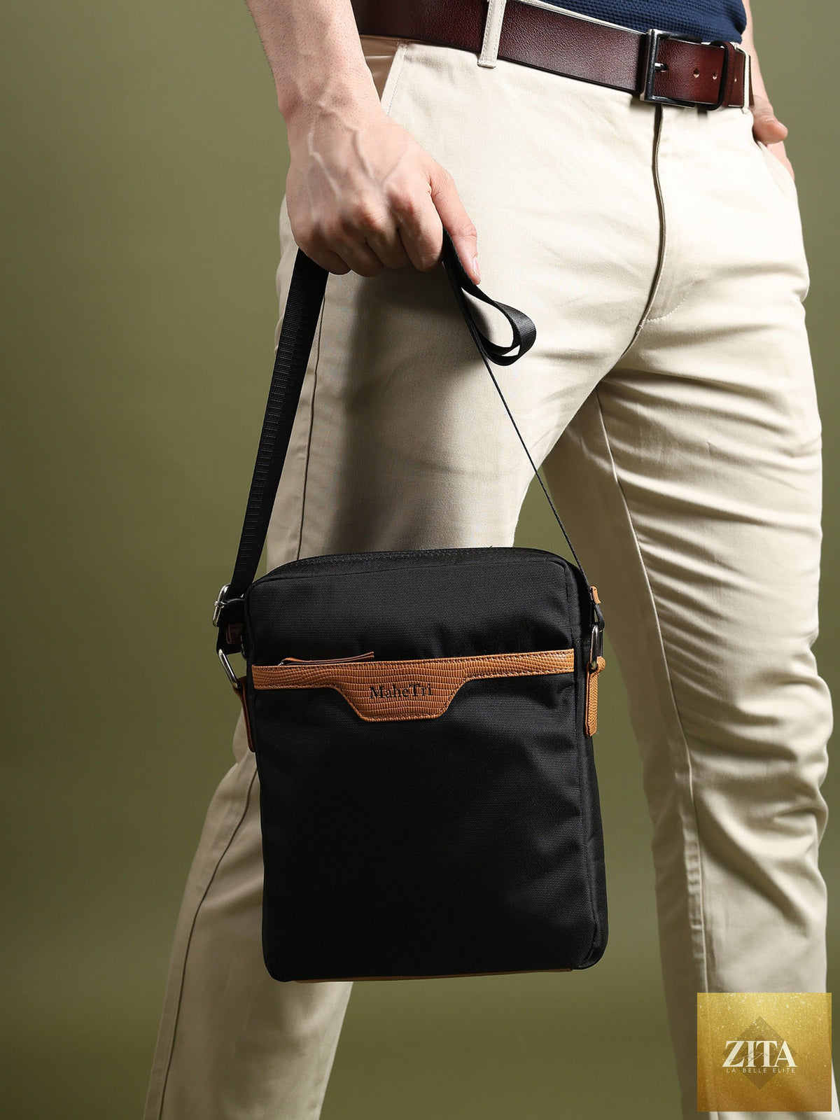 Classy Leather Bags Mark Canvas Side Messenger Bag with adjustable strap and multiple compartments, showing front and side view.