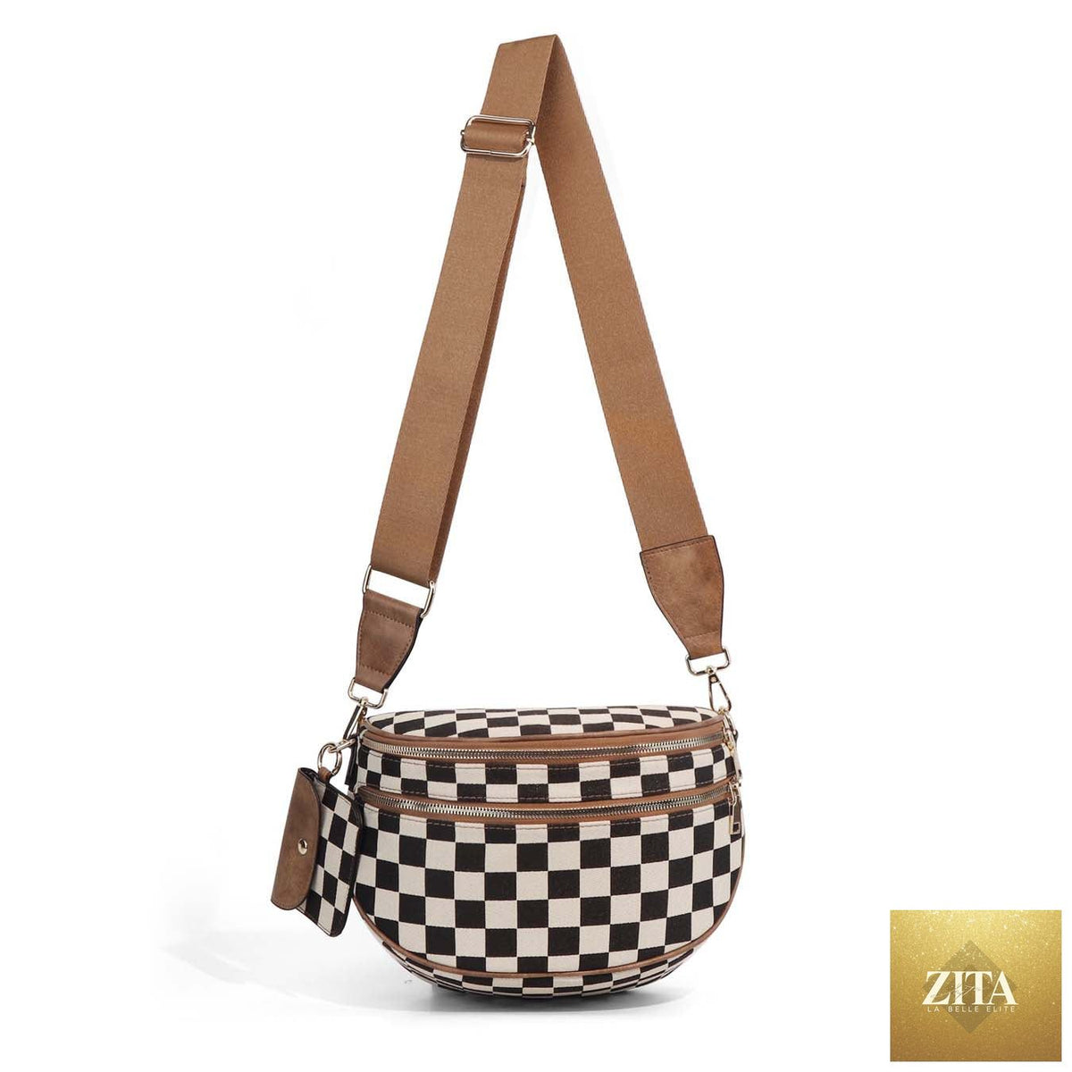 Aili's Corner Kaylee mixed media double zip crossbody sling bag with adjustable strap and multiple compartments, showing stylish design.
