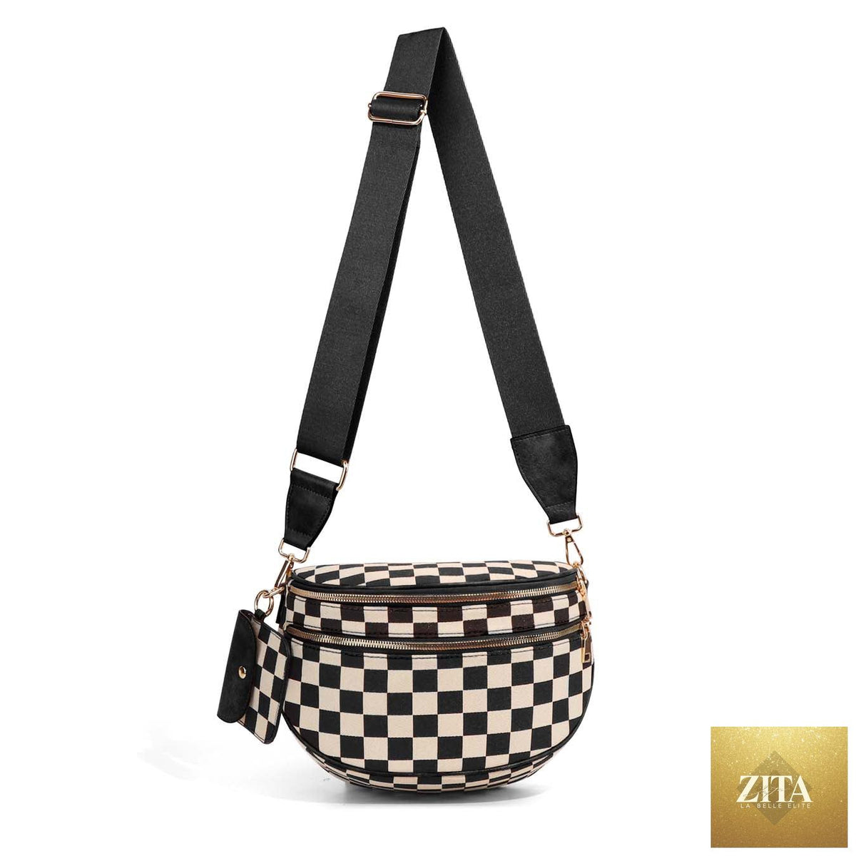 Aili's Corner Kaylee mixed media double zip crossbody sling bag with adjustable strap and multiple compartments, ideal for everyday use.