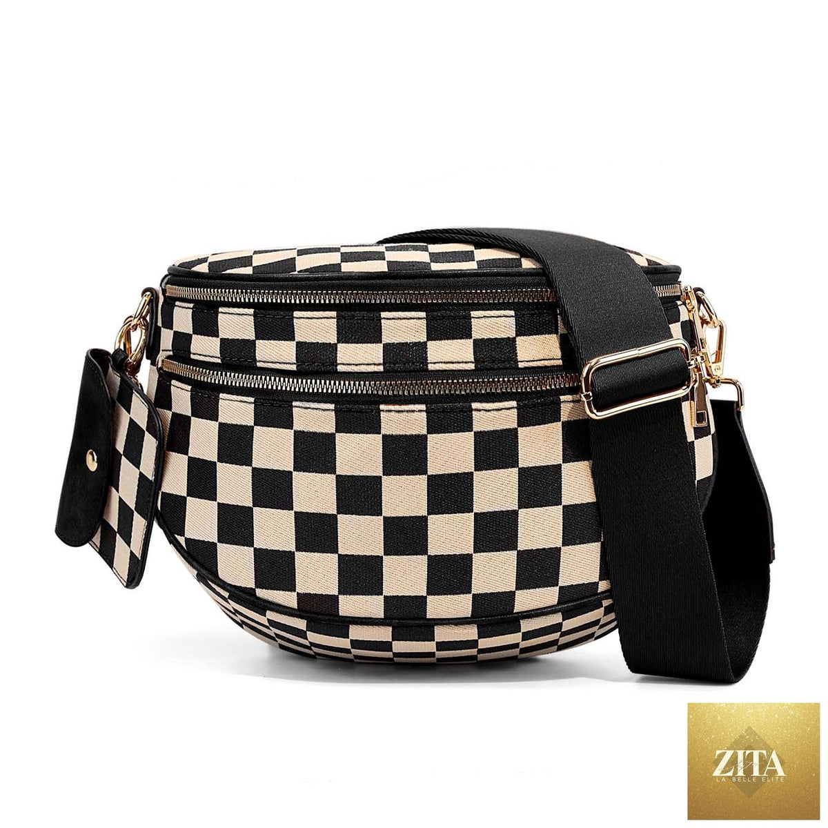Aili's Corner Kaylee mixed media double zip crossbody sling bag with adjustable strap and multiple compartments.