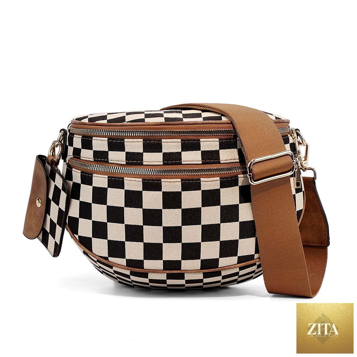 Aili's Corner Kaylee mixed media double zip crossbody sling bag with adjustable strap, featuring a stylish, multi-textured design.