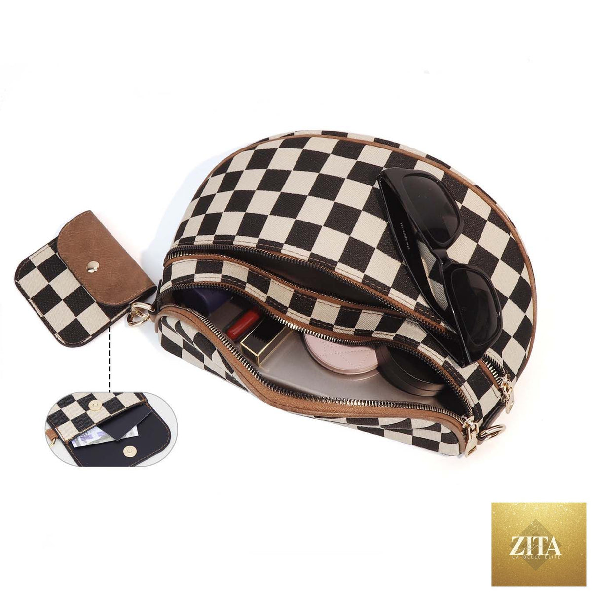 Aili's Corner Kaylee mixed media double zip crossbody sling bag with adjustable strap and multiple compartments on a plain background.