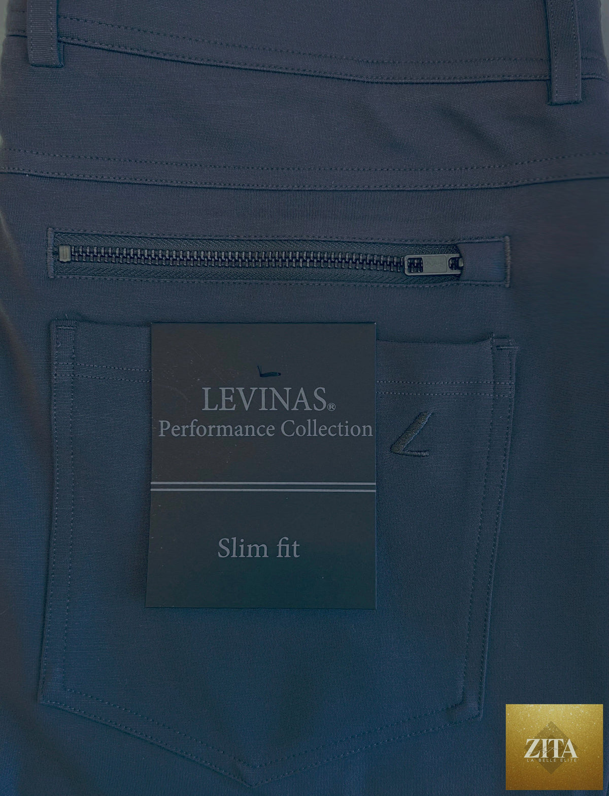 Levinás® men's navy stretch chinos pants from the Super - Stretch Performance Collection, casual fit, front view with pockets