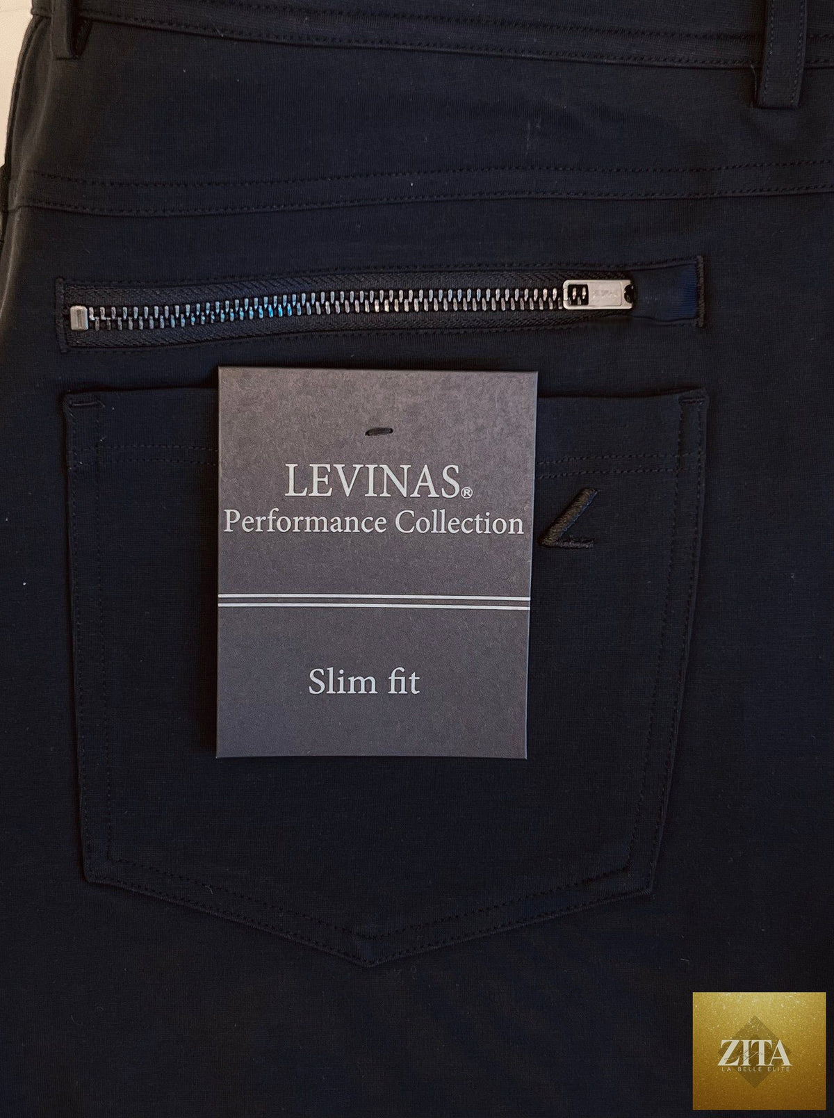 Black Super-Stretch Men's Chinos by LEVINAS® Official, casual pants from the Performance Collection, shown in the image.