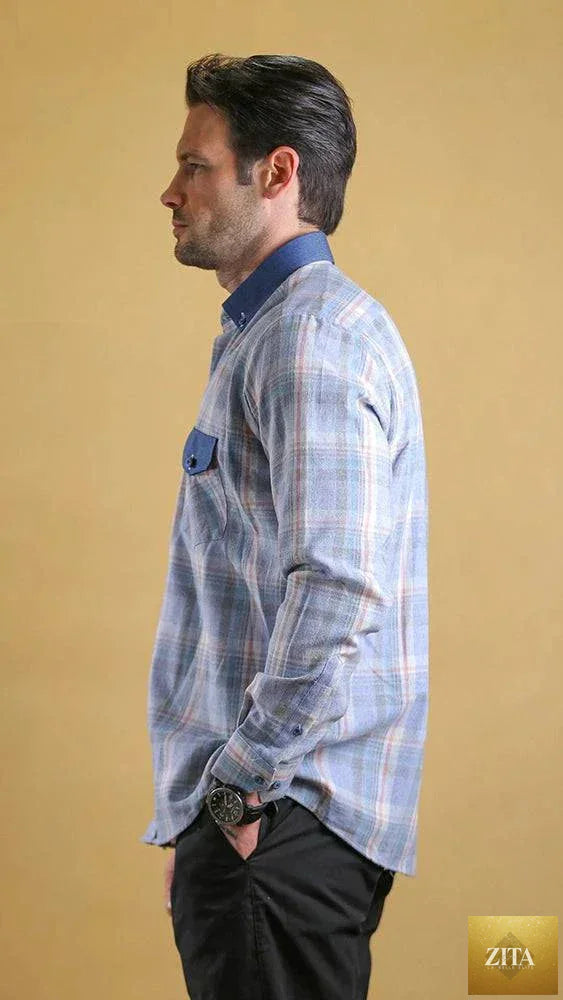 Bright Moons Woodsman Shirt in plaid with button closure and chest pocket, casual outdoor wear for men.